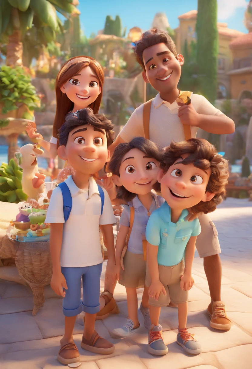 Cartoon of friends having fun on vacation together, 3D Animation Movie Poster, Poster de filme animado, pixar 3 d animation style, pixar renderman rendering, maia 8 mil, animated film, Disney Pixar Estilo 3D, amigos felizes saem juntos, all wearing light blue shirts and cream brown long pants, camisa azul clara, cream brown pants, ao ar livre, vacation, Disney Pixar Animation Poster