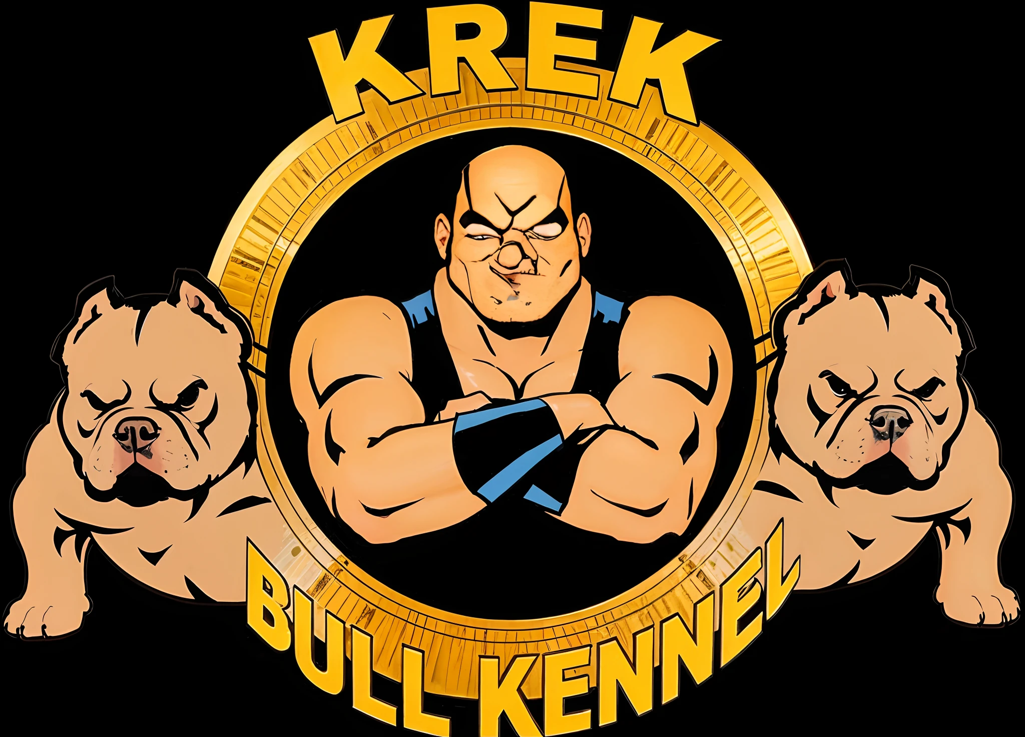 dois American Bully e um careca no centro e o nome Krek Bull Kennel