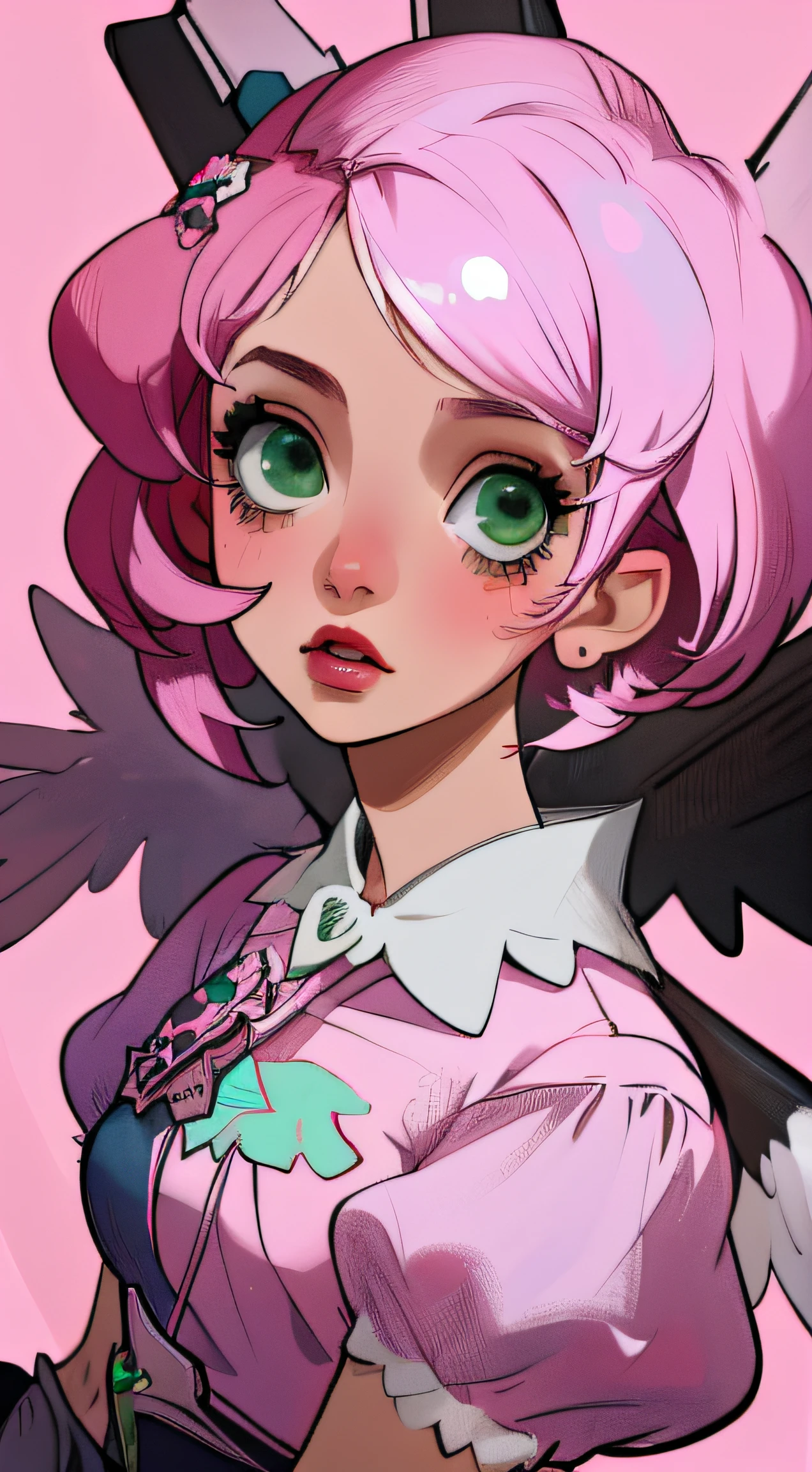 Alisa bosconovitch, melhor qualidade, contemporary, estilo plano, minimalismo, Green Eyes Flat Illustration, cabelo rosa, cabelo curto, cabelos multicoloridos, Camisa Preta, mechanical wings, Head Portrait Close-U, peito pontudo, decote, super decote, middlebreasts, Tekken,cabelo rosa pastel, 1girl, em quimono, hand-painted,Desenho de linha sem cor, colorida do yandere pastel, Tekken, Super cute pink hair girl with gothic makeup on the side, com roupa de empregada,figura esbelta,robusto,He sat on the floor,Vestido com roupas de empregada rosa e branco,cabelos muito curtos,com orelhas de gato,quadratic element,, kawaii cor-de-rosa na roupa da era de 1910, Alisa Bosconovich pink lips, no estilo da paleta de cores suave aurorapunk, an anime illustration of his face, gifs animados, hand drawn animation, charming sketches, suave e brilhante, romantismo nebuloso, Estilo Superflat, fundo branco - ar 1:1 - niji 5 - estilo expressivo --s 50 ,Pink kawaii girl in the era of 1920s clothesPink eagles, vestindo uma camisa branca brilhante, no estilo da paleta de cores suave aurorapunk, an anime illustration of his face, gifs animados, hand drawn animation, charming sketches, suave e brilhante, romantismo nebuloso, Estilo Superflat, fundo branco - ar 1:1 - niji 5 - estilo expressivo --s 50, Absurdo, Alto, ultra detalhados, (1girl:1.3), quebrar , Crie uma imagem com uma bela caligrafia