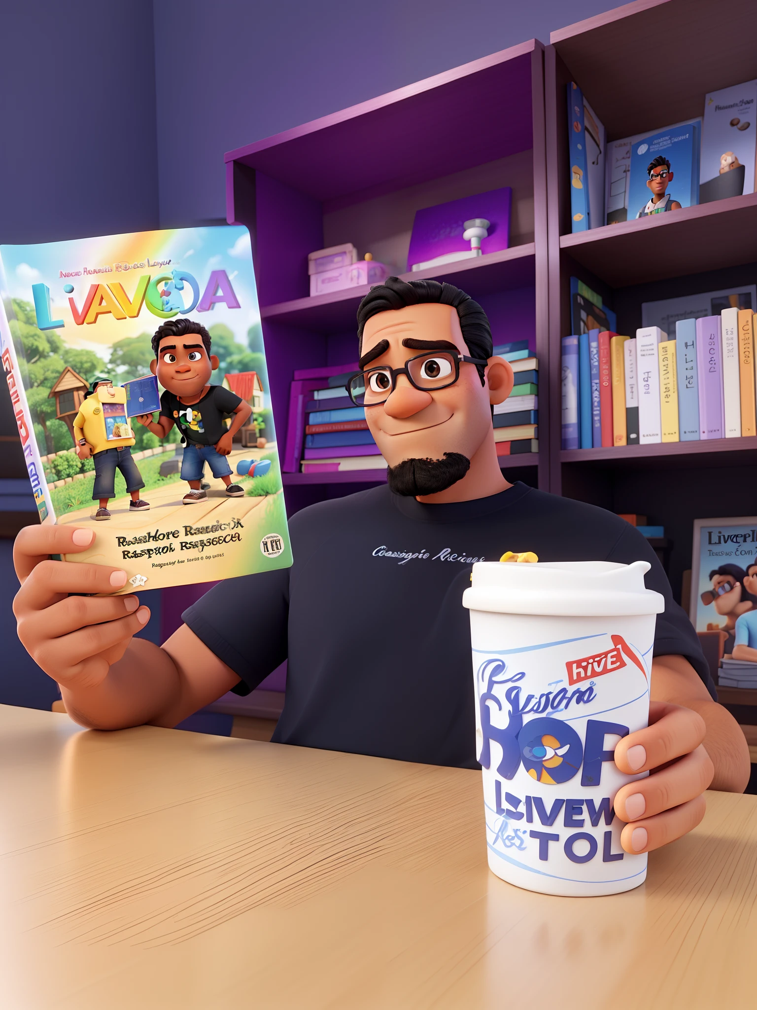 Homem negro cabelo raspado lendo um livro estilo pixar 3D