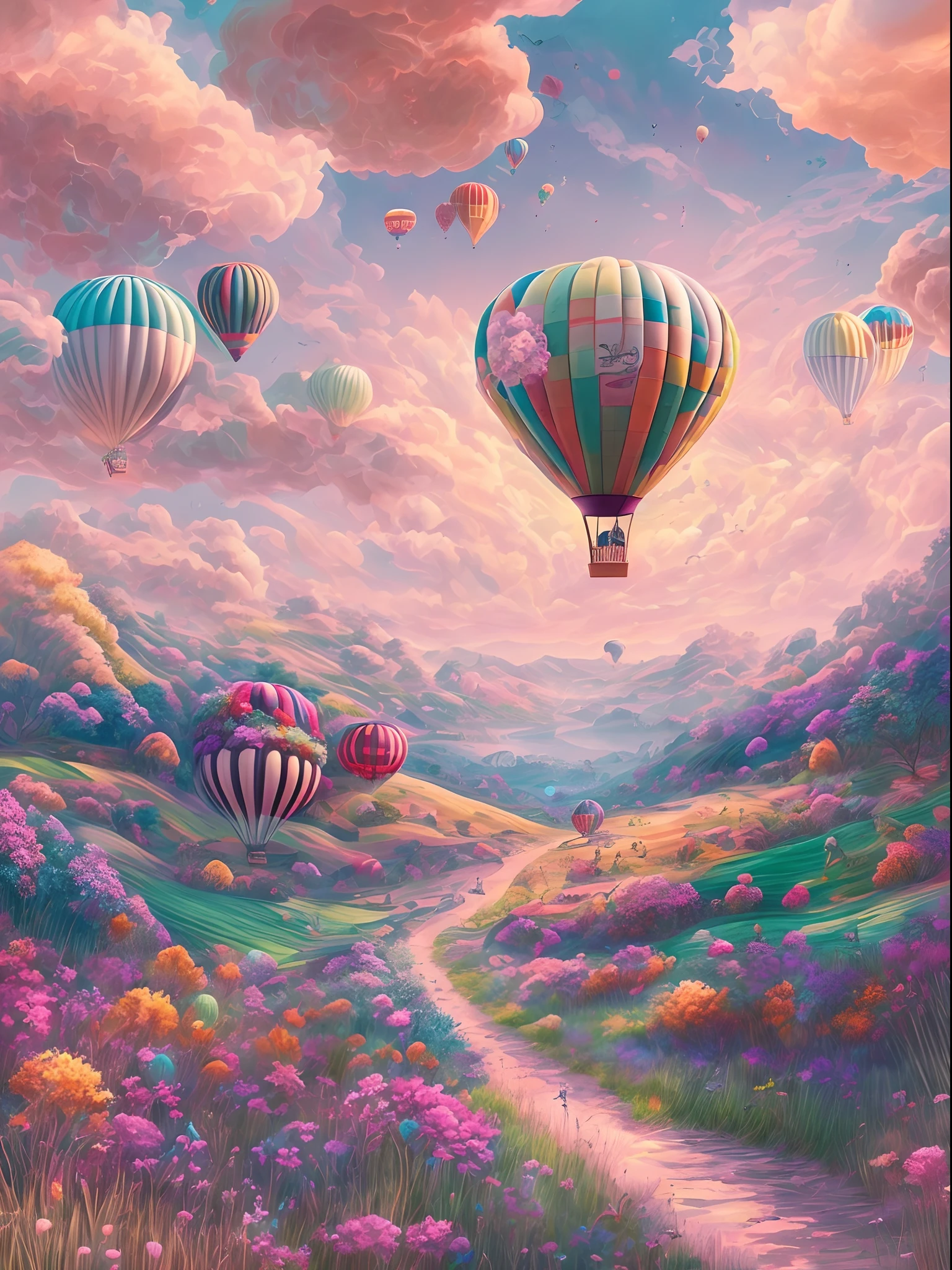 There is a huge hot air balloon flying over the field, whimsical fantasy landscape art, hot air balloon, dreamy scenes, (fantasy), pastel style painting, balloon, painting of a dreamscape, artwork of a, amazing background, A beautiful artwork illustration, dreamlike illustration, mythical floral hills, Magical realist painting, Beautiful digital artwork, background artwork, Dreamy landscape, romantic landscape,Brightly colored RGB color palette, (Ghibli-like colors, Cinematic lighting, first person perspective, angle of view, in a panoramic view, Ultra-wide angle, hyper HD, Anatomically correct, Masterpiece, ccurate, Award-Awarded, Best quality)