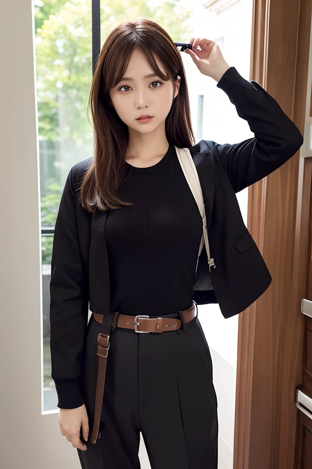 masterpiece、flat-colors、depth of fields、lens flare 1 girl、、Brown hair、watching at viewers a belt black suspenders large full breasts Armpit sweat perspiring Side of both hands walls: Black pants, Black jacket holster arm Leg holster arma Gaze Small face