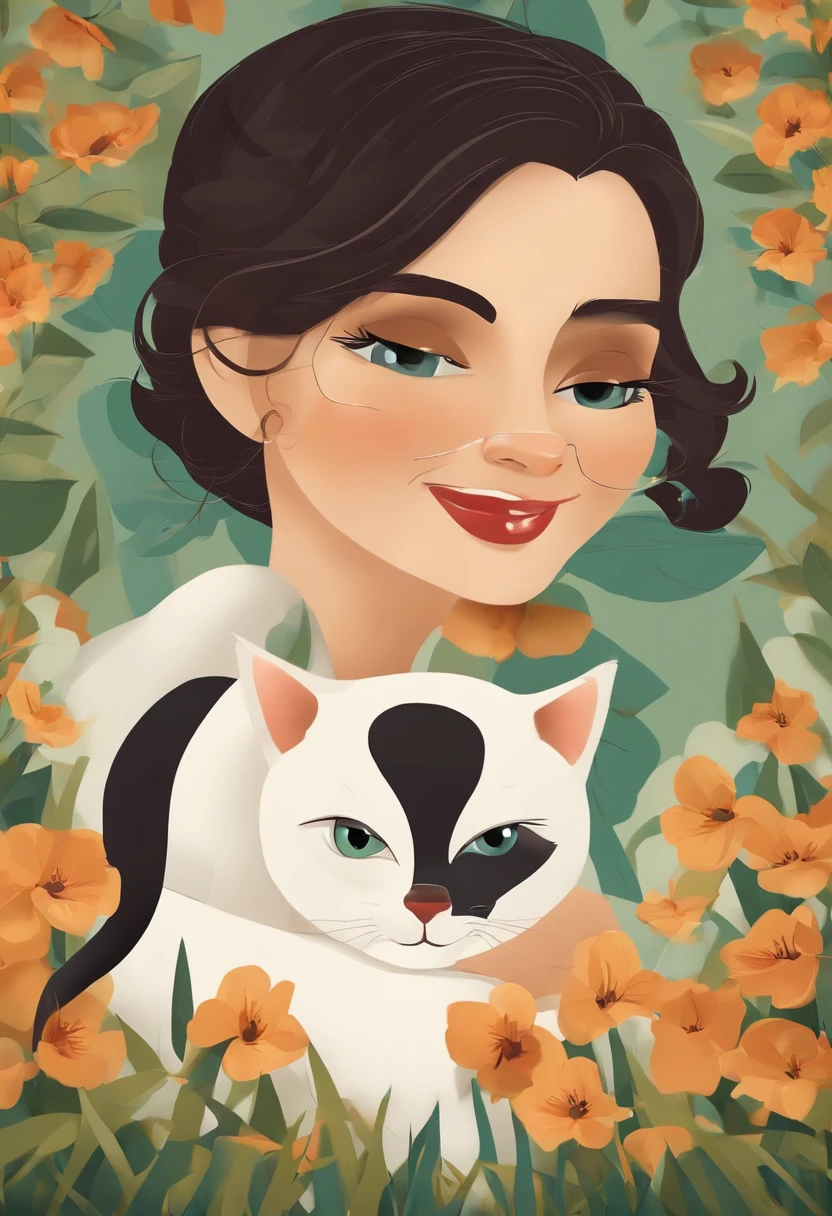 Create a poster inspired by Disney Pixar movies, apresentando um casal morenos claros ele alto 1.80 de altura cabelo curto usando oculos , ela baixinha usando oculos cabelo curto acompanhado por um menino de altura mediana com cabelos castanhos escuros, Full lips and dark eyes and silly face together with boy a white cat , uma gata preta e branca, um gato pretoe e branco, gatos bem cuidados com dentes caninos afiados e pontiagudos brincando. The poster is titled 'Lily' Digital art should be in the style of Pixar, reminiscent of an animated feature.