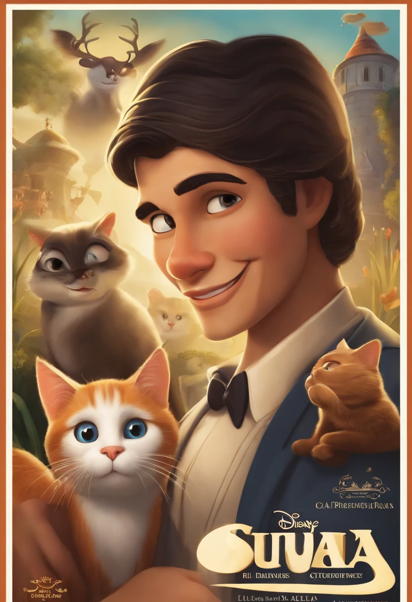 Create a poster inspired by Disney Pixar movies, apresentando um casal morenos claros ele alto 1.80 de altura cabelo curto usando oculos , ela baixinha usando oculos cabelo curto acompanhado por um de altura mediana com cabelos castanhos escuros, Full lips and dark eyes and silly face together with boy a white cat , uma gata preta e branca, um gato pretoe e branco, gatos bem cuidados com dentes caninos afiados e pontiagudos brincando. The poster is titled 'Lily' Digital art should be in the style of Pixar, reminiscent of an animated feature.
