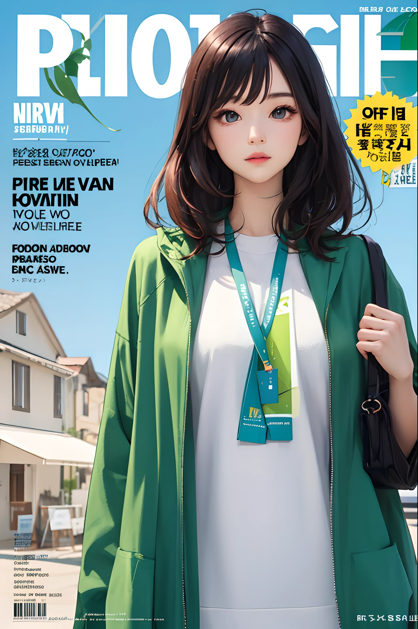 masterpiece, best quality, spring outfit, colorful hair, outdoor, magazine cover ,upper body,