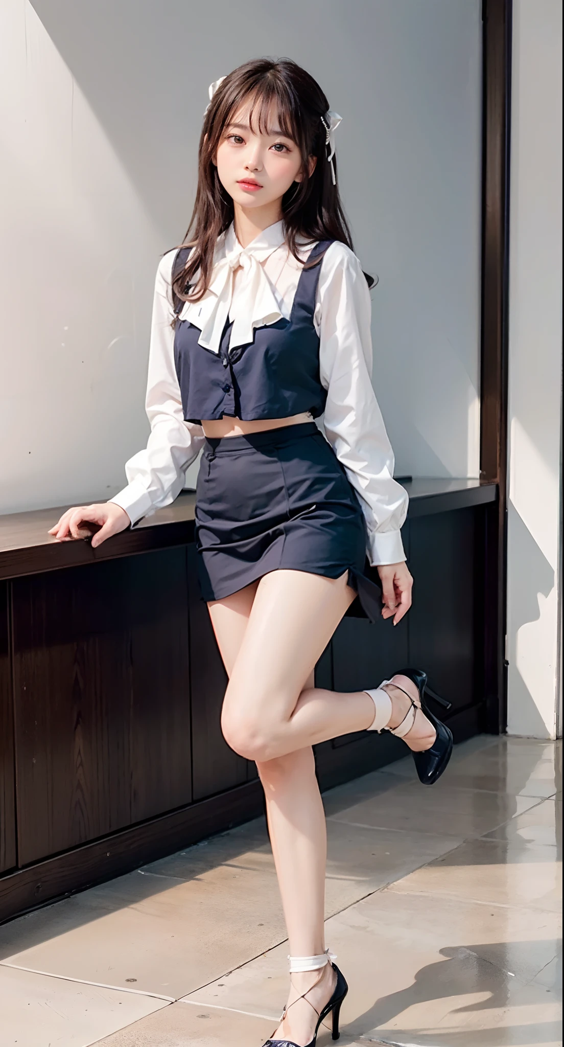 (((Kamimei、Mouth ajar))),(((((pencil skirts、frombelow、Standing on one leg、Black stockings、Navy blue recruit suit and skirt、White ruffled blouse with ribbon、high-heels、raise her legs))))),((In the office、In the company、In the reception room、frombelow))、masutepiece, 1girl in, best qualtiy, Ultra Detail, (shiny), (Small)、(((with blush cheeks,))),Ray tracing,Perfect Lighting, (milky skin:1.2),reflection, up looking_で_viewer, blush, bow ribbon, Medium Curl Hair、yellow_Eyes, White choker, Low_Twin-tailed、Japan's cutest 28-year-old beautiful girl、Small ribbons in the hair、Contrast legs
