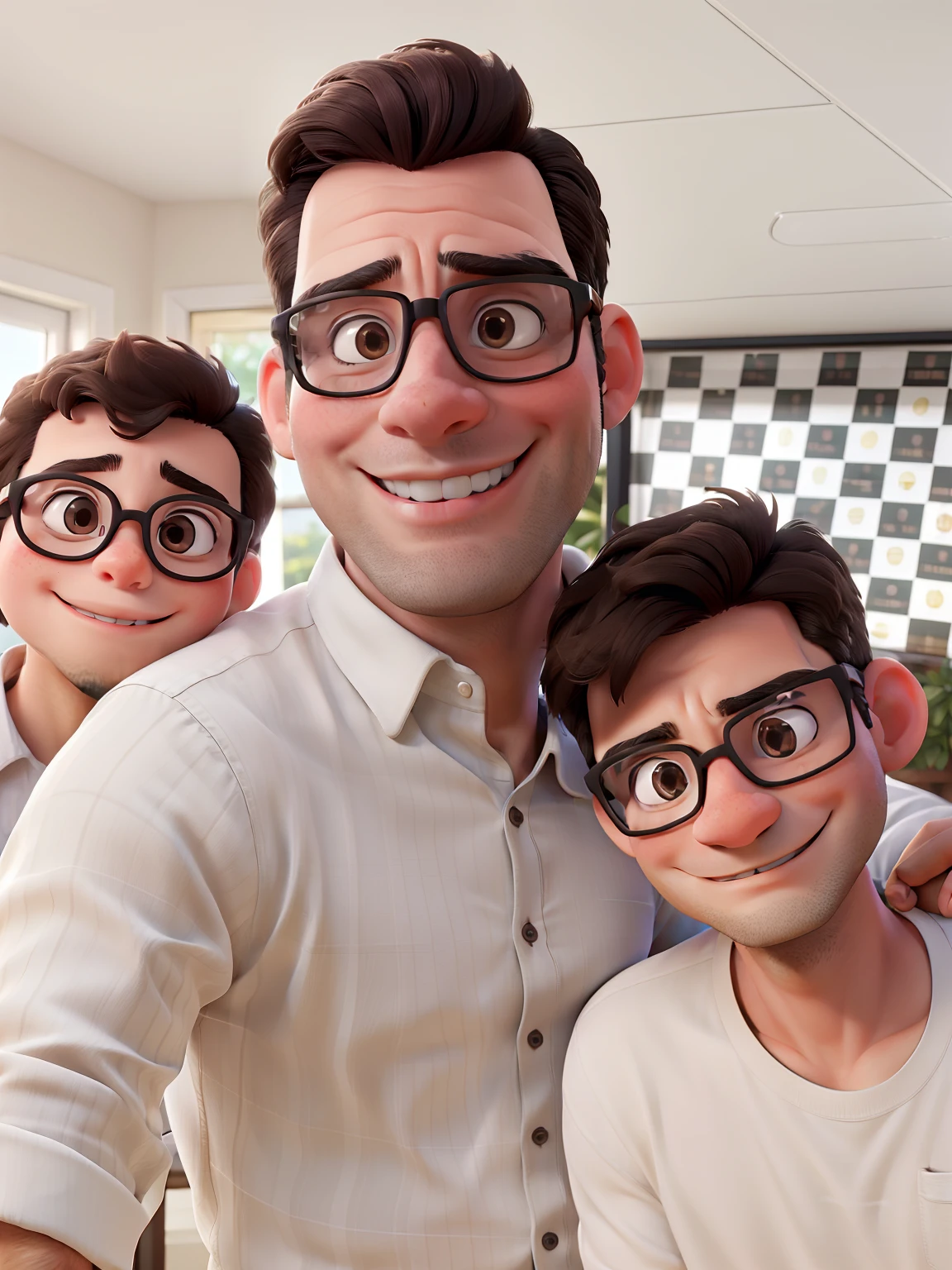 Family of 3, Dark-haired father with glasses, 2 meninos