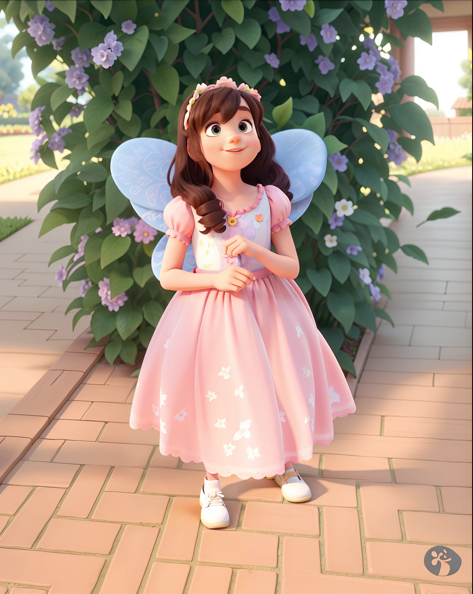 A pixar style child on high quality garden background