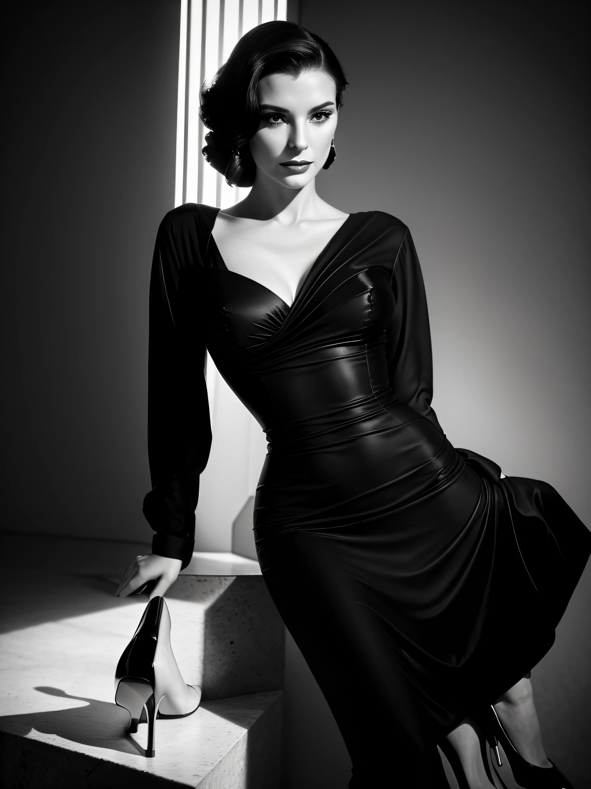 (headshot:1.3), Woman, elegant dress, dark lipstick, sleek hairstyle, high heels, dramatic lighting, sensuality, boldness, Helmut Newton, Irving Penn, black and white, glamour, sophistication, curves, lines, texture, chiaroscuro, expressionism, Art Deco, vintage, seductive.