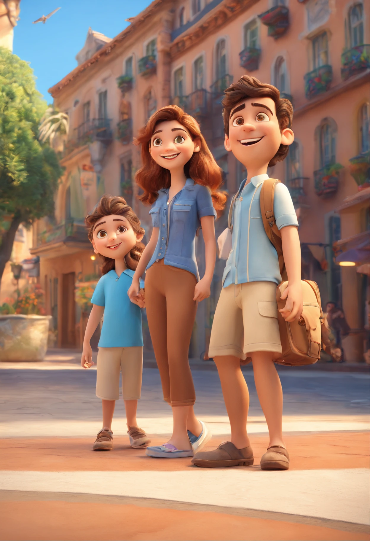 Cartoon of friends having fun on vacation together, 3D Animation Movie Poster, Poster de filme animado, pixar 3 d animation style, pixar renderman rendering, maia 8 mil, animated film, Disney Pixar Estilo 3D, amigos felizes saem juntos, all wearing light blue shirts and cream brown long pants, camisa azul clara, cream brown pants, ao ar livre, vacation, Disney Pixar Animation Poster