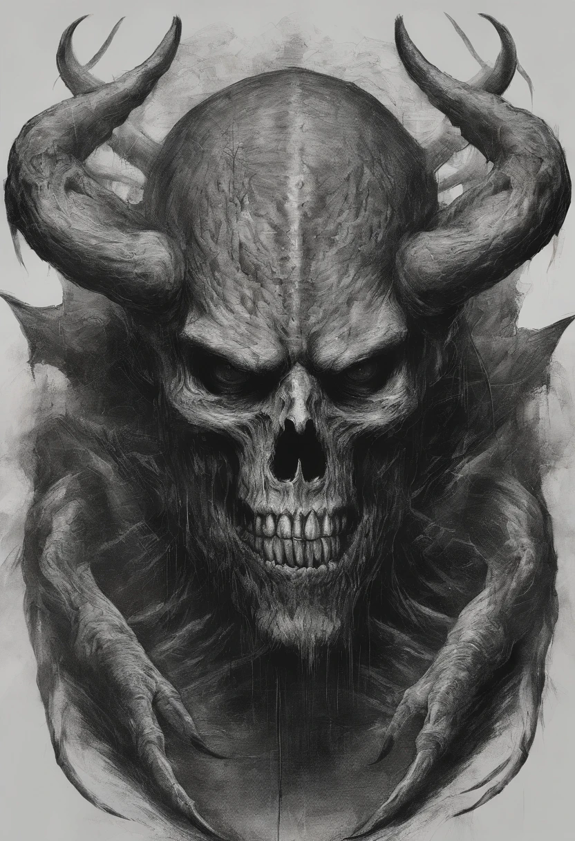 Werewolf drawing with four arms and five eyes, Exposed skull with four horns of many points, hyper-realistic, artistic, tudo preto e branco