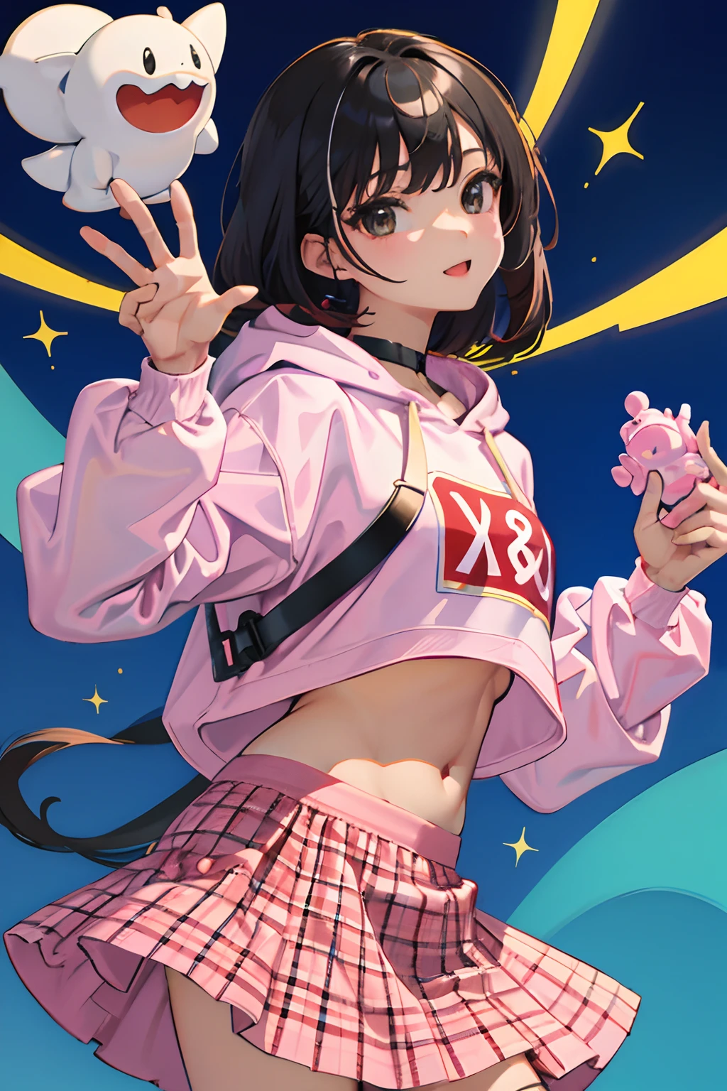 (child)，（​masterpiece，Highest Quality），Crop Top Look，Pastel Hoodie，(Red gingham check skirt)，A dark-haired，World of toys
