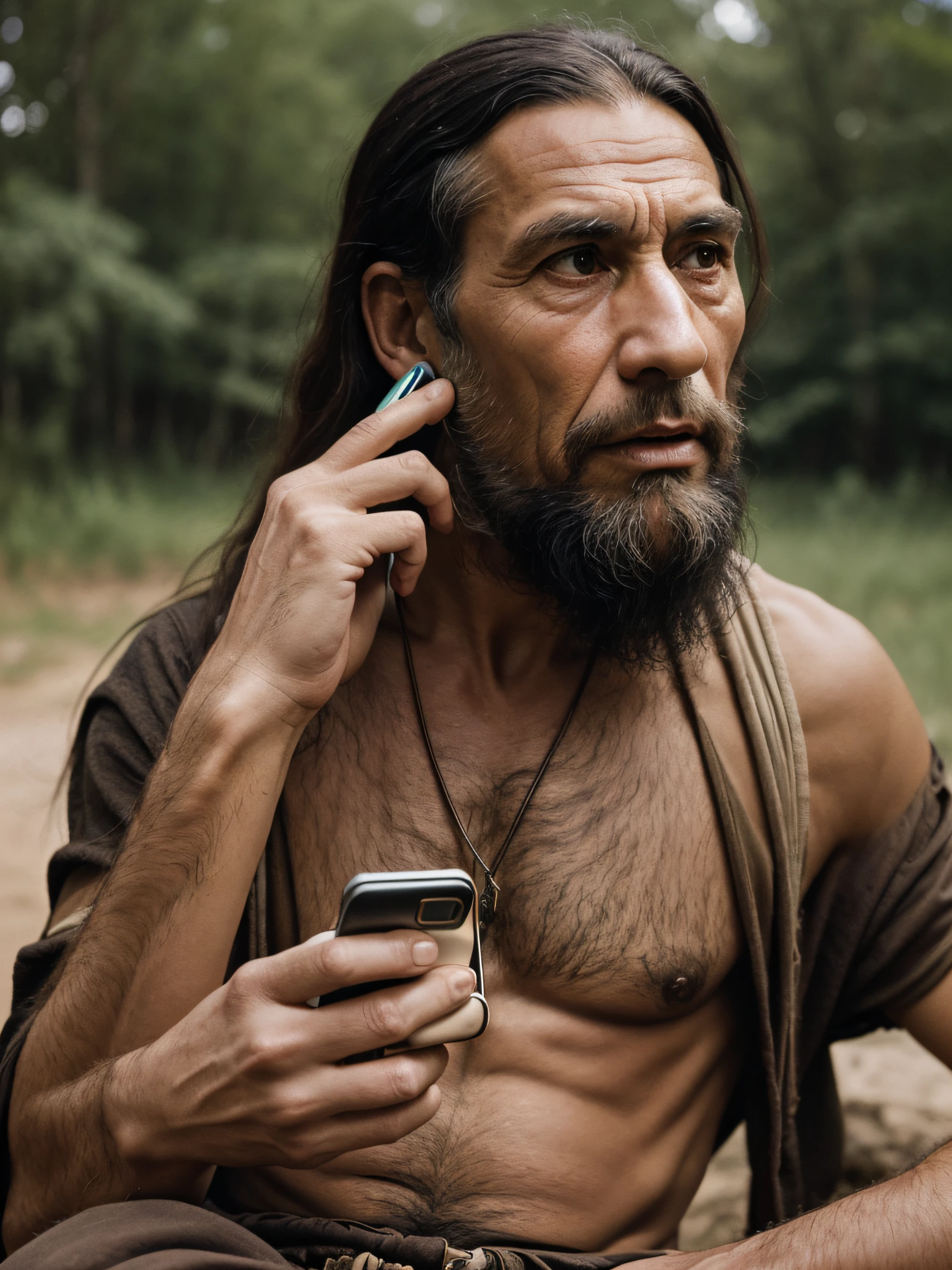 ancient color photo, year 10,000 AD, a Cro-Magnon man, is talking on a smartphone.