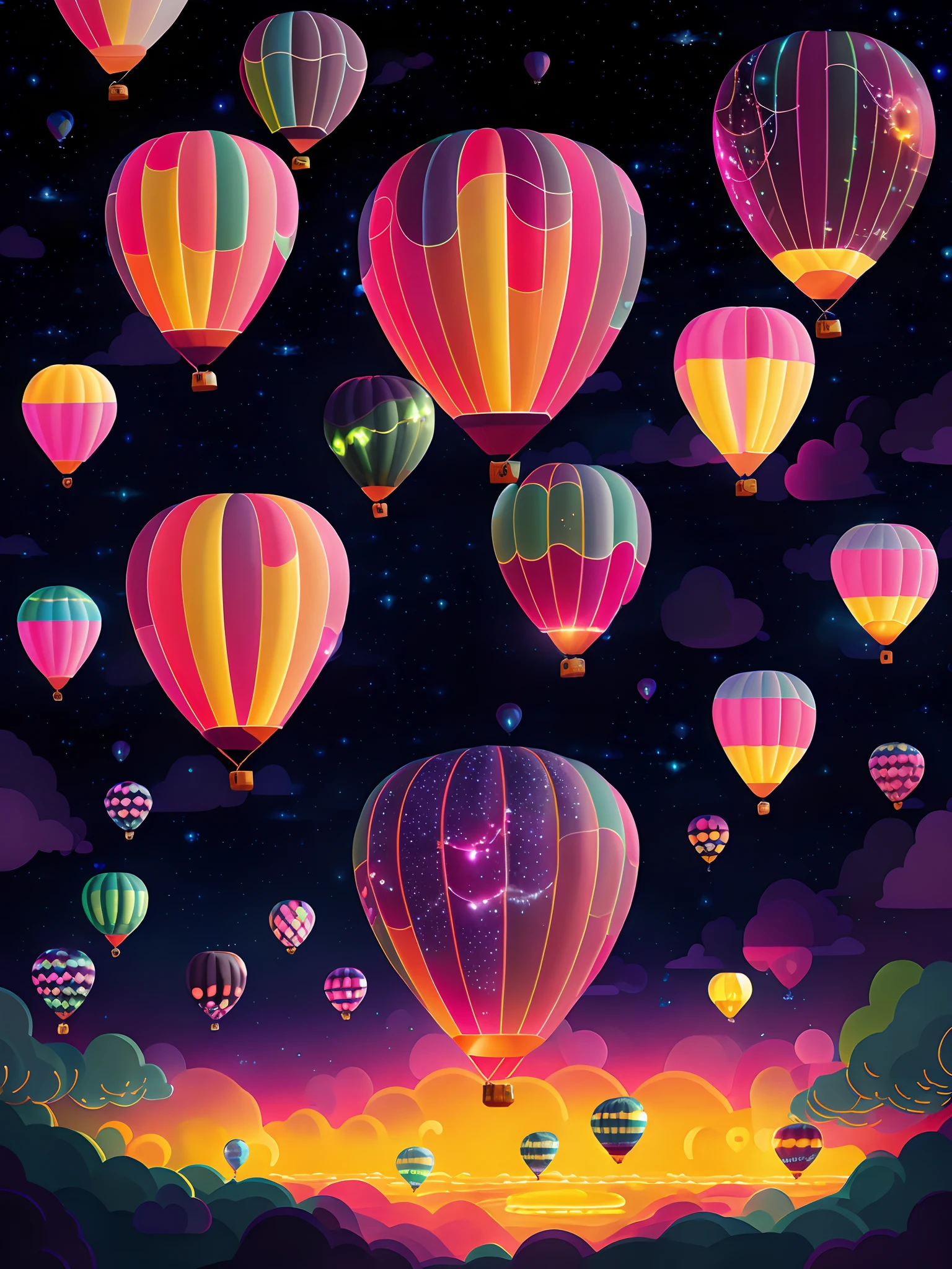 Immerse yourself in a world of pure beauty and wonder，Carefully shaped bioluminescent balloons float elegantly above the clouds。These captivating balloons glow softly, otherworldly glow，Brighten up the surrounding atmosphere。