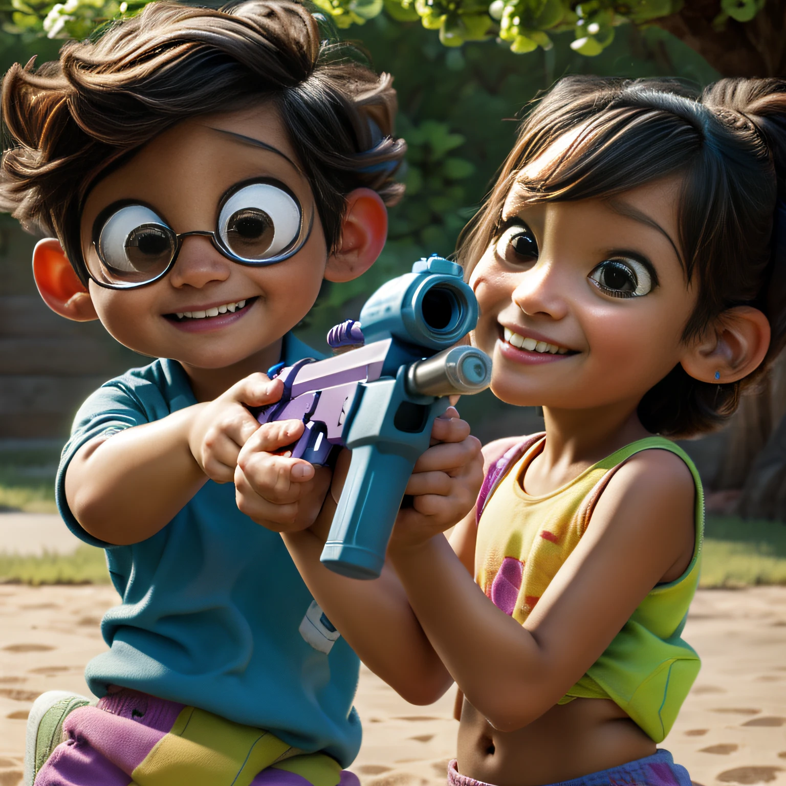 Pixar style, kids playing with water guns, looks fun, great smiles, (masterpiece), (best quality), (super high detail)