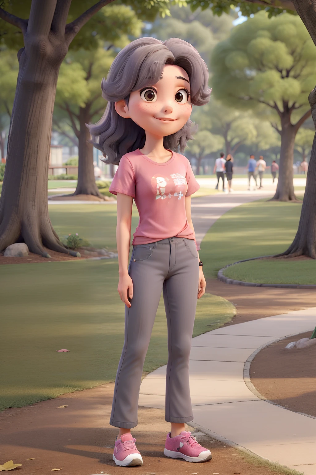 Obra-prima, de melhor qualidade, A young woman of Japanese descent , tem cabelos pretos e lisos, Wearing a pair of gray pants and a pink t-shirt, Standing in the park
