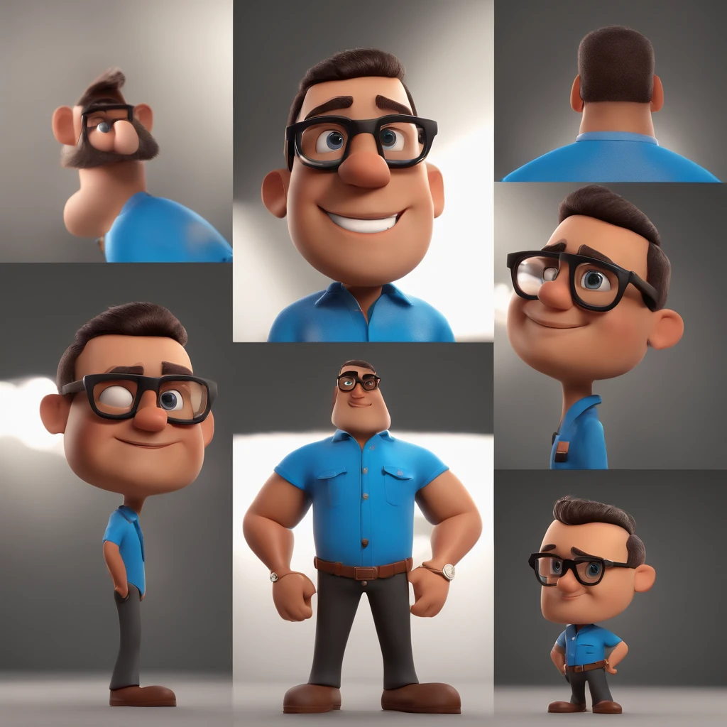 Cartoon character of a man with black glasses and a blue shirt, animation character, Caractere estilizado, animation style rendering, 3D estilizado, Arnold Maya render, 3 d render stylized, toon render keyshot, Personagem 3D, Personagem 3D, 3d rendering stylized, 3 d character render, personagem de desenho animado, Personagem de close up, Pose de personagem, (Estilo Pixar) (master part:1.2) (Bokeh) (best quality) (pele detalhada) (textura detalhada) (8k) (argila) (Cinematic lighting) (foco nítido