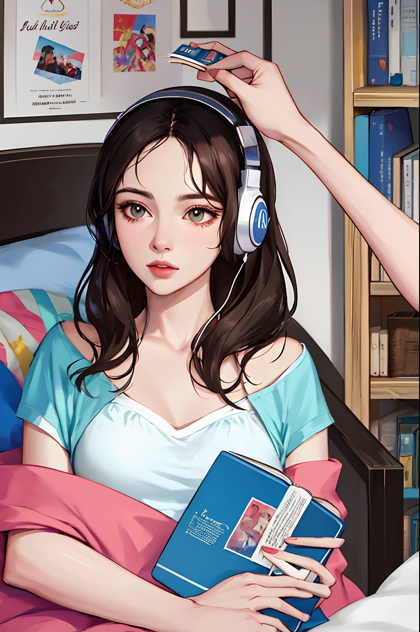Poster inspirado no Disney pixar, with the title Between Lines and Dramas, com uma mulher de 26 anos com sardas no rosto e cabelos longos castanhos, She's reading a book and listening to music through her headphones and she's lying on her bed