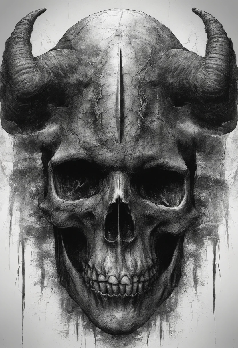 Black and white drawing of a skull with horns and a skull, Tom Wenerstrand's tattoos, Trending on CGSociety, Gothic art, Decorated with demon skulls, Highly detailed dark art, Fantasy Skull, Rock band skull design, Skull Tattoo, Transforming Skull, 3D designs for tattoos, With animal skulls for heads, Intricate devilish design