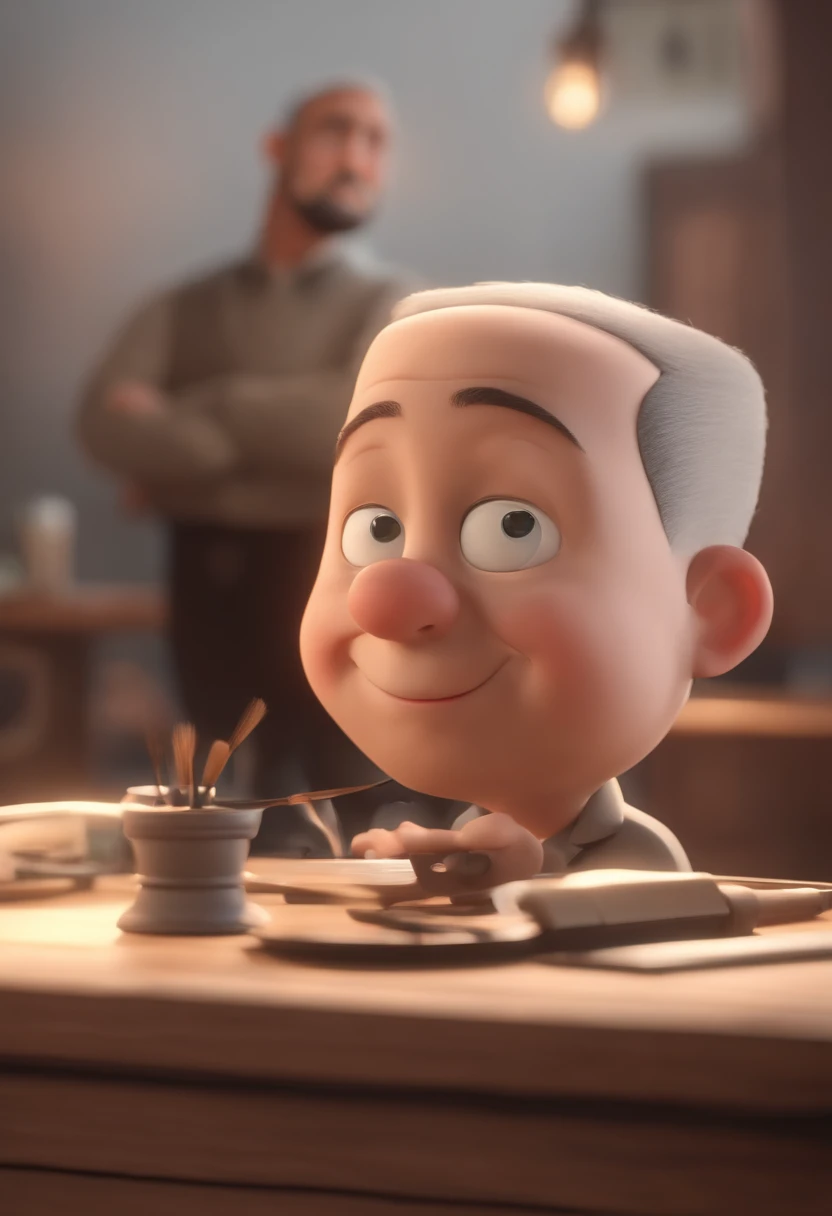 personagem dos desenhos animados de um homem pardo olhos castanhos, bald man without mustache and with pointed beard in queicho black shirt with drawing of a brush animation character, Caractere estilizado, animation style rendering, 3D estilizado, Arnold Maya render, 3 d render stylized, toon render keyshot, Personagem 3D, Personagem 3D, 3d rendering stylized, 3 d character render, personagem de desenho animado, Personagem de close up, Pose de personagem, (Estilo Pixar) (master part:1.2) (Bokeh) (best quality) (pele detalhada) (textura detalhada) (8k) (argila) (Cinematic lighting) (foco nítido