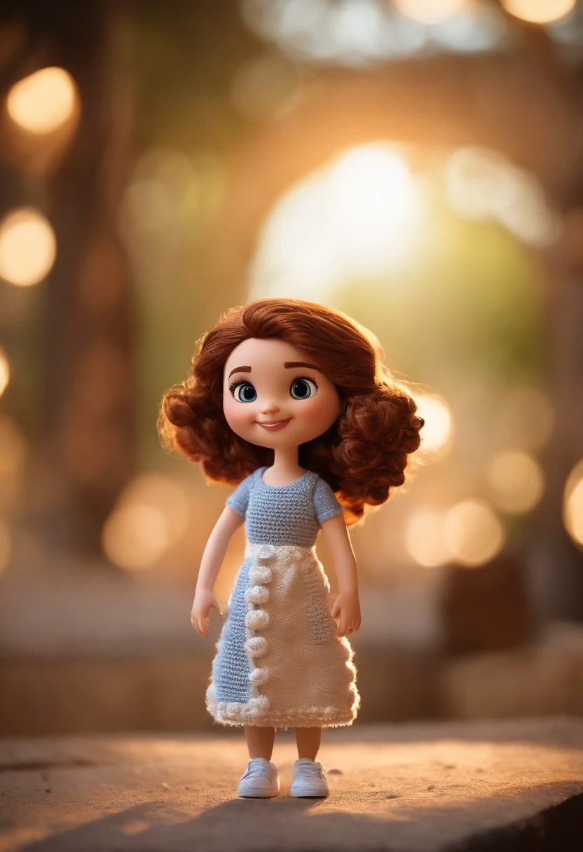 personagem dos desenhos animados uma mulher artesa fortinha com os cabelos castanhos e longos , Amigurumi in the hands braces on the teeth white skin dress and sneakers Character Pose,  (Estilo Pixar) (master part:1.2) (Bokeh) (best quality) (pele detalhada) (textura detalhada) (8k) (argila) (Cinematic lighting) (foco nítido