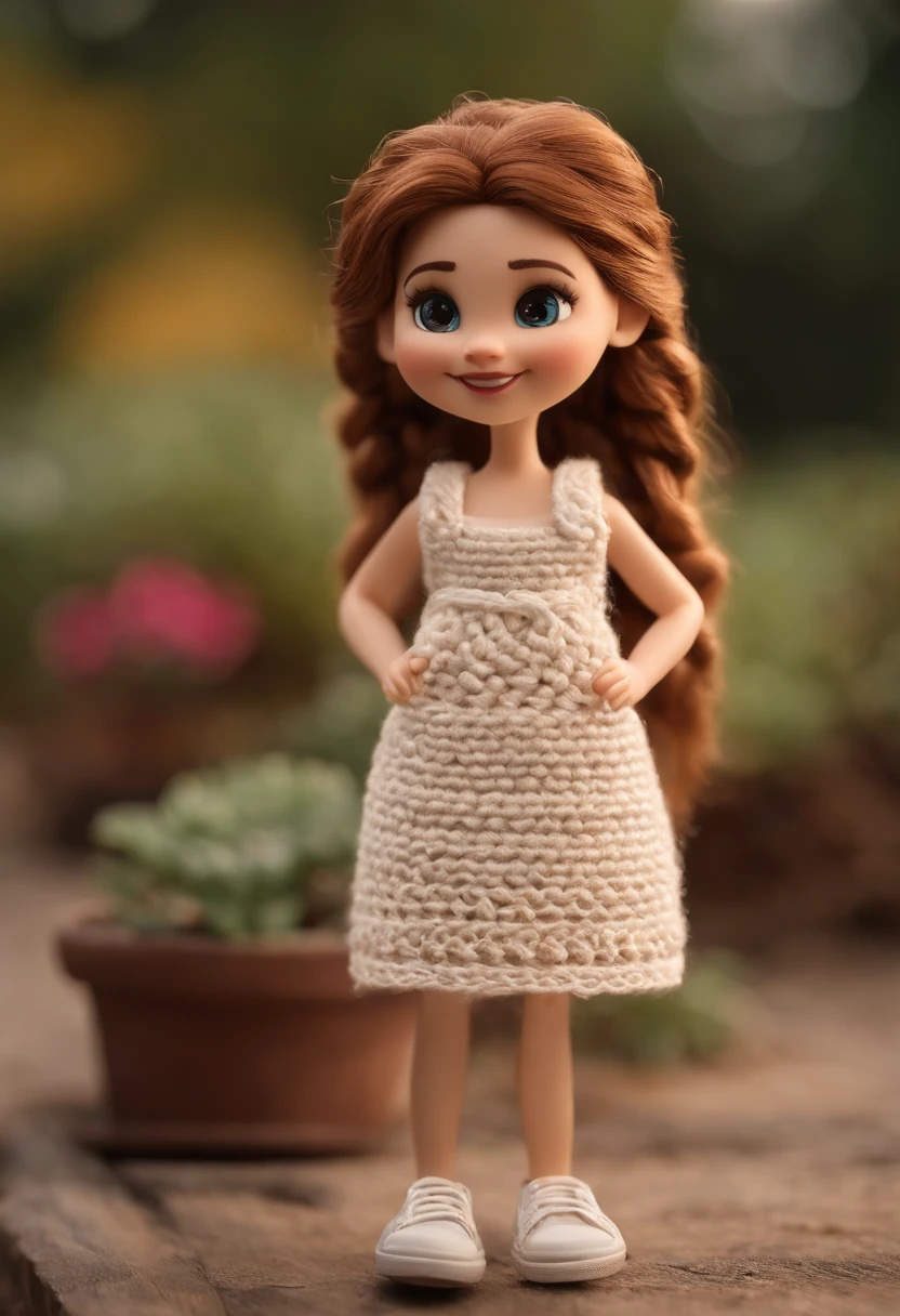 personagem dos desenhos animados uma mulher artesa fortinha com os cabelos castanhos e longos , Amigurumi in the hands braces on the teeth white skin dress and sneakers Character Pose, (Estilo Pixar) (master part:1.2) (Bokeh) (best quality) (pele detalhada) (textura detalhada) (8k) (argila) (Cinematic lighting) (foco nítido