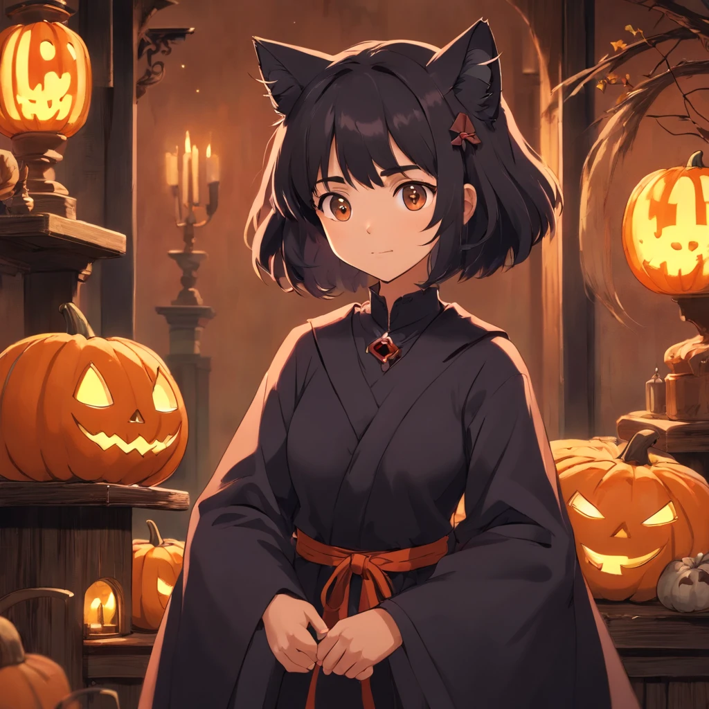 ((superfine illustration, in 8K)),Black cat,Halloween,horor,cute little,Delicate background,城市