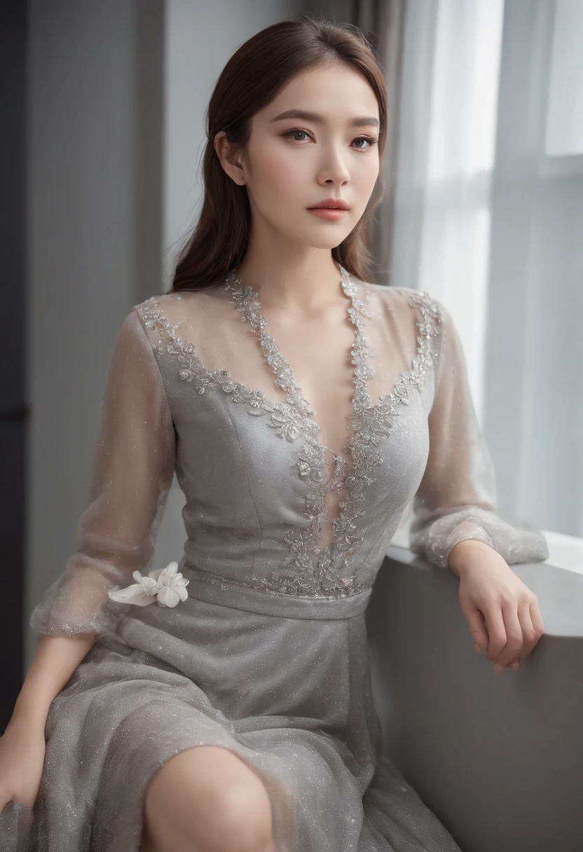 Sentado na cadeira em vestido preto, Modelo de moda feminina coreana, saia cinza transparente, camisa de malha, roupas cromadas, prata brilhante, sorte que eu olho, seios grandes, best quality, master part, super high resolution, Realistic,