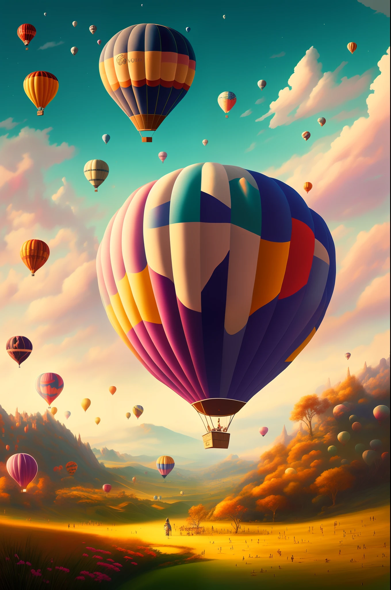 There is a huge hot air balloon flying over the field, whimsical fantasy landscape art, hot air balloon, dreamy scenes, (fantasy), pastel style painting, balloon, painting of a dreamscape, artwork of a, amazing background, A beautiful artwork illustration, dreamlike illustration, mythical floral hills, Magical realist painting, Beautiful digital artwork, background artwork, Dreamy landscape, romantic landscape