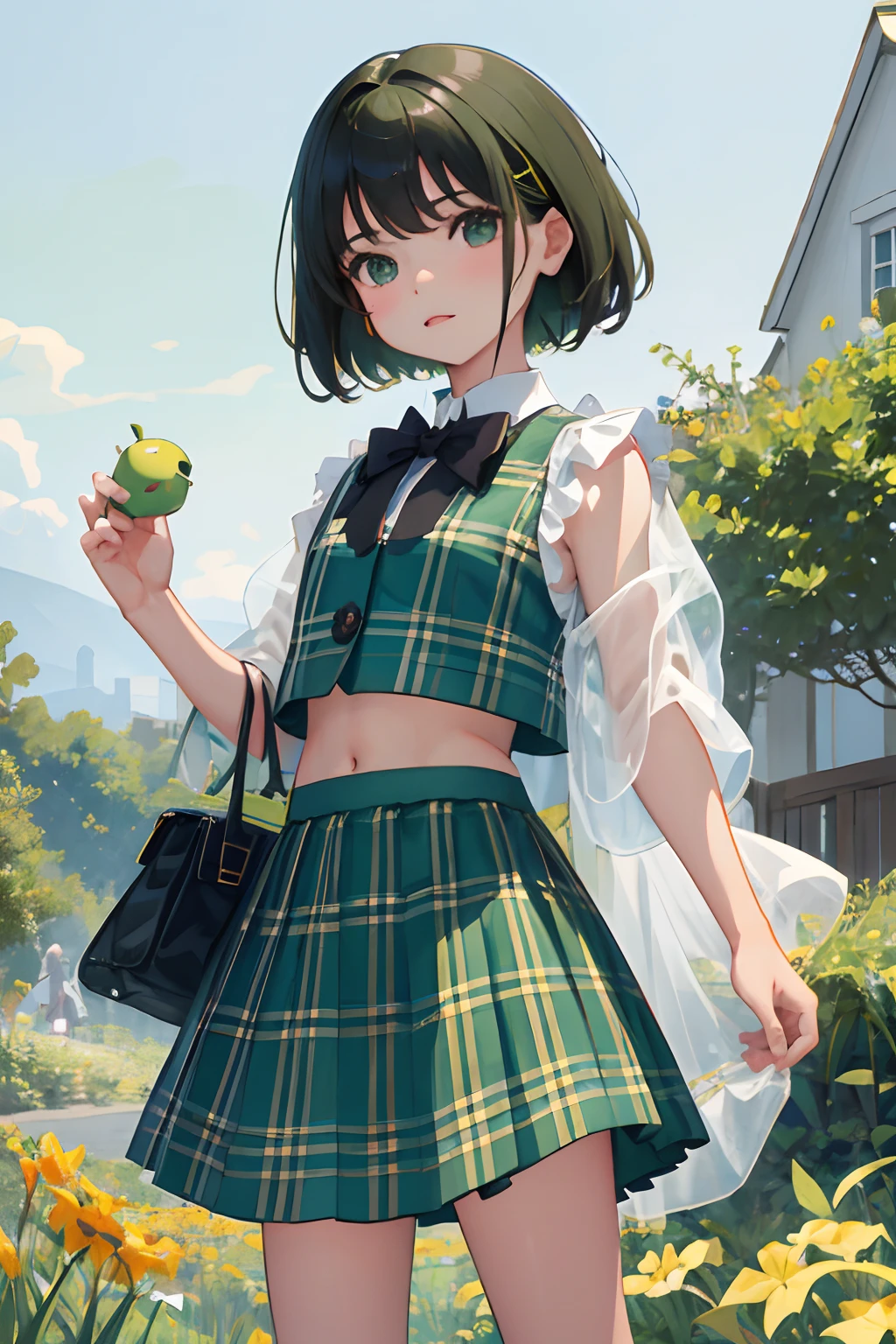 (child)，（​masterpiece，Highest Quality），Crop Top Look，(Green Gingham Check Skirt)，A dark-haired，World of toys