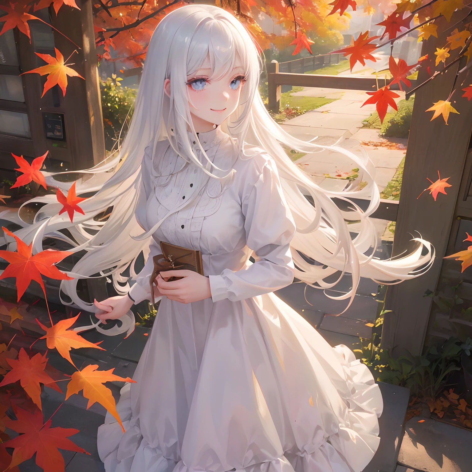 masutepiece, Highest Quality, (Perfect face:1.1), (high detailing:1.1), (ultradetailed eyes), Dramatic, superfine illustration, Extremely detailed, 1girl in, (pale skin), long white hair, Ethereal eyes, (light eyebrow), ((Lovely smile)), Solo, Long hair, student clothes,Pouty lips, Proud Expression, Laughing, Cinematic lighting, One-person viewpoint, Standing, In the garden, Autumn leaves