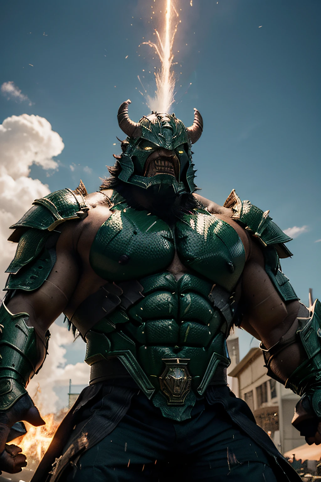Marvel's Hulk finds himself at the center of an epic battle. He is equipped with the Dragon Shiryu Armor, a mystical relic that combines the Hulk's immeasurable strength with Shiryu's legendary endurance and armor abilities. A cena se desenrola da seguinte maneira:
The setting is a devastated cityscape, With buildings destroyed and debris strewn everywhere. The sky is tinged with a gloomy red hue, refletindo a intensidade da batalha que se desenrola. In the midst of destruction, o Hulk se destaca como uma figura colossal, com sua pele verde musculosa brilhando sob o sol moribundo.
Dragon Shiryu's Armor wraps around the Hulk's body, como uma segunda pele. It is composed of resplendent metal plates that glow like a dragon's own scale. The armor has intricate details that resemble dragon scales, com nuances douradas e vermelhas que se misturam harmoniosamente.
The Hulk's face is protected by a mask that mimics the appearance of a ferocious dragon, With bright eyes that exude power and determination. A armadura cobre cada parte do seu corpo, Providing unmatched protection.
Nas costas do Hulk, There's an imposing cape that floats in the wind as he prepares for his next attack. In one hand, ele segura um martelo gigante que parece ter sido forjado nas profundezas da terra. This hammer is a mix of magic and technology, e ele o ergue com facilidade, pronto para desferir um golpe devastador.
A medida que ele se move, The armor emits a pulsating glow and a trail of magical energy, deixando sua marca por onde passa. The earth trembles beneath your feet, And enemies who dare to challenge him tremble with fear in the face of this impressive combination of brute strength and mystical abilities.
O Hulk, now with Dragon Shiryu Armor, It's an unstoppable force, And the battle that unfolds is a spectacle of epic proportions, With the promise of a crushing victory for the Emerald Giant.
