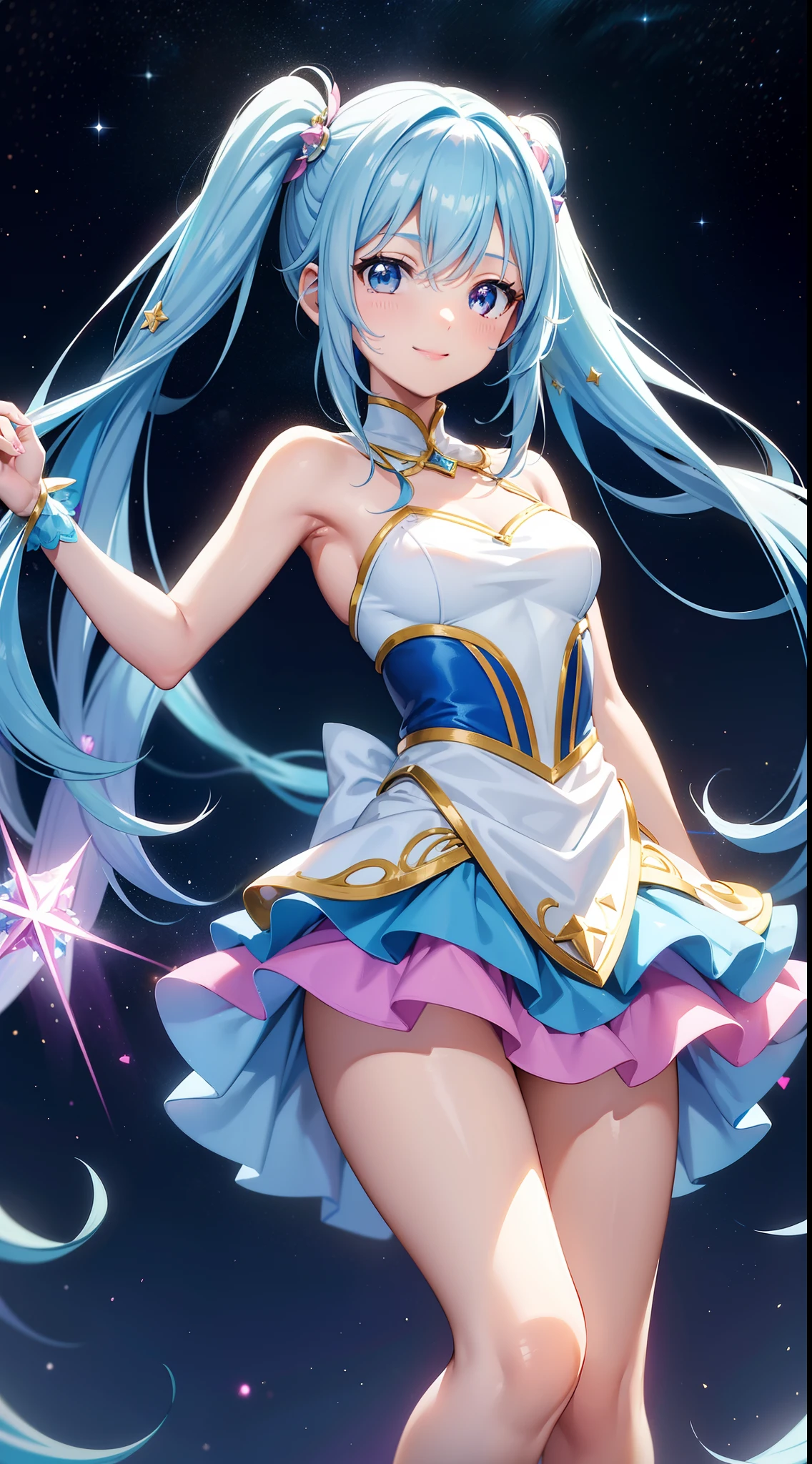 Super Idol a beauty girl A charming smile sky blue hair length hair Twin-tailed Glittery bright pink and white and blue and yellow leotards facing front Mystical Fantasia constellation a moon Crystal Brilliance Aurora Borealis in the Night Sky