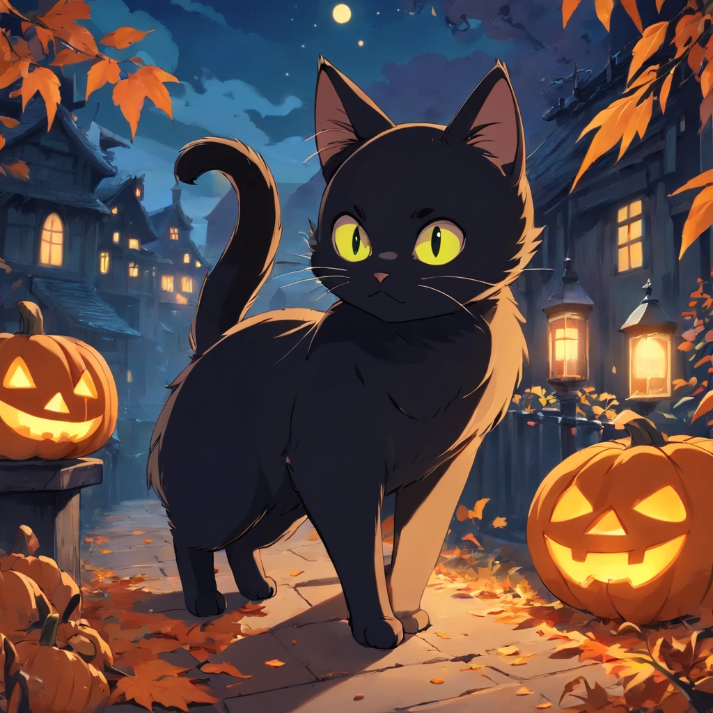 ((superfine illustration, in 8K)),Black cat,Halloween,horor,cute little,Delicate background,城市