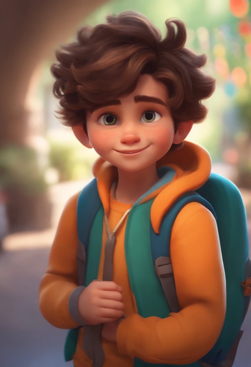 Image of a boy for a story in a YouTube video in Pixar format, He's the  allabester, He's the class leader, He's outgoing, Playful and gets up for a lot of things, cabelo curto