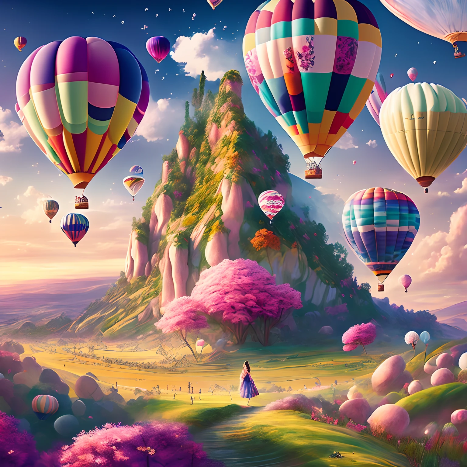 There are many balloons flying over the field, whimsical fantasy landscape art, hot air balloon, dreamy scenes, (fantasy), pastel style painting, balloon, painting of a dreamscape, artwork of a, amazing background, A beautiful artwork illustration, dreamlike illustration, mythical floral hills, Magical realist painting, Beautiful digital artwork, background artwork, Dreamy landscape, romantic landscape