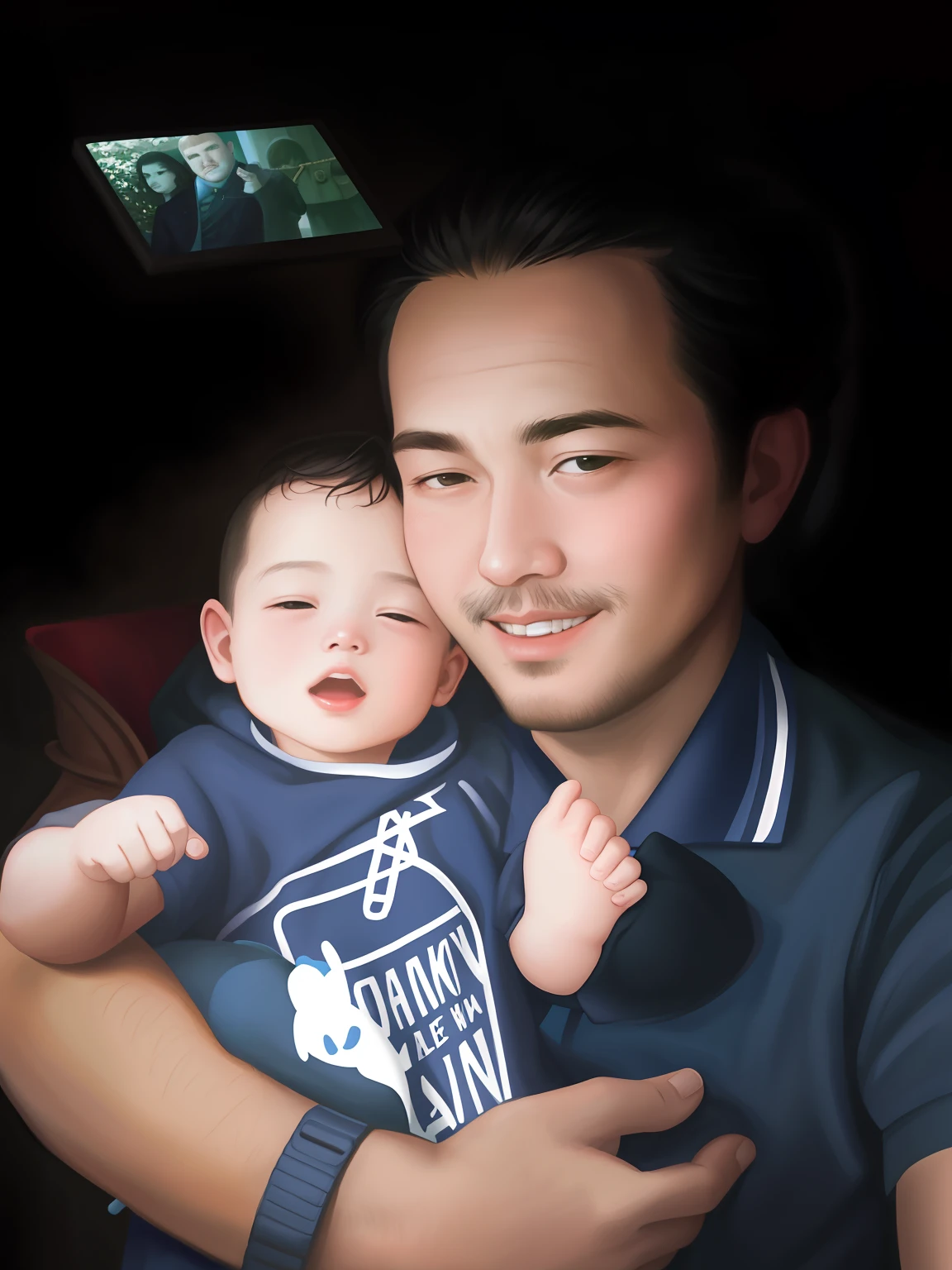 there is a man holding a baby in his arms, with a kid, ruan jia and brom, john jude palencar, potrait, barabas miklos and hollosy simon, very very low quality picture, selfie photo, bowater charlie and brom gerald, full protrait, john picacio and brom, father with child, portrait image