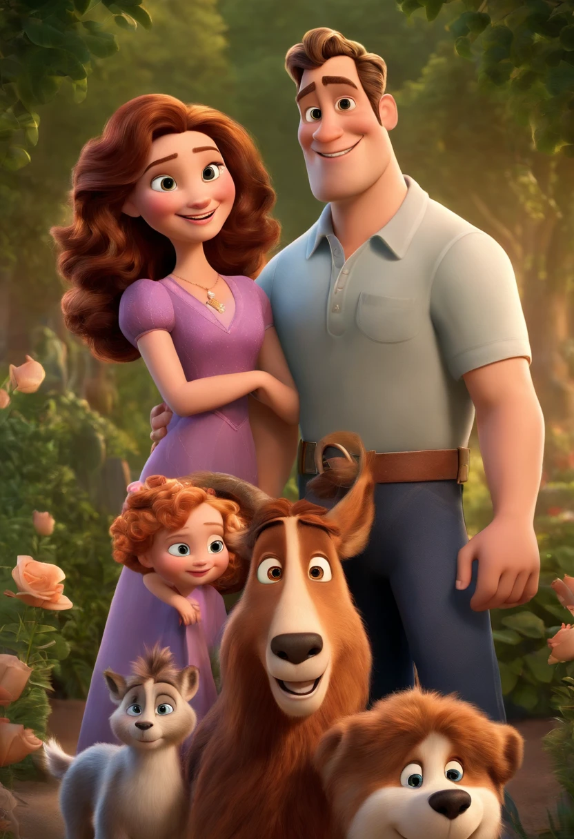 a Disney Pixar movie poster showing a white-skinned family. The father is the tallest, Tem barba curta, loiro, cabelos curtos e espinhosos. The mother has brown eyes and hair, shoulder-length and is slightly overweight. A menina tem 4 anos e cabelos castanhos, roupa rosa e rabos de cavalo. The background is a beach garden. 3D-rendering