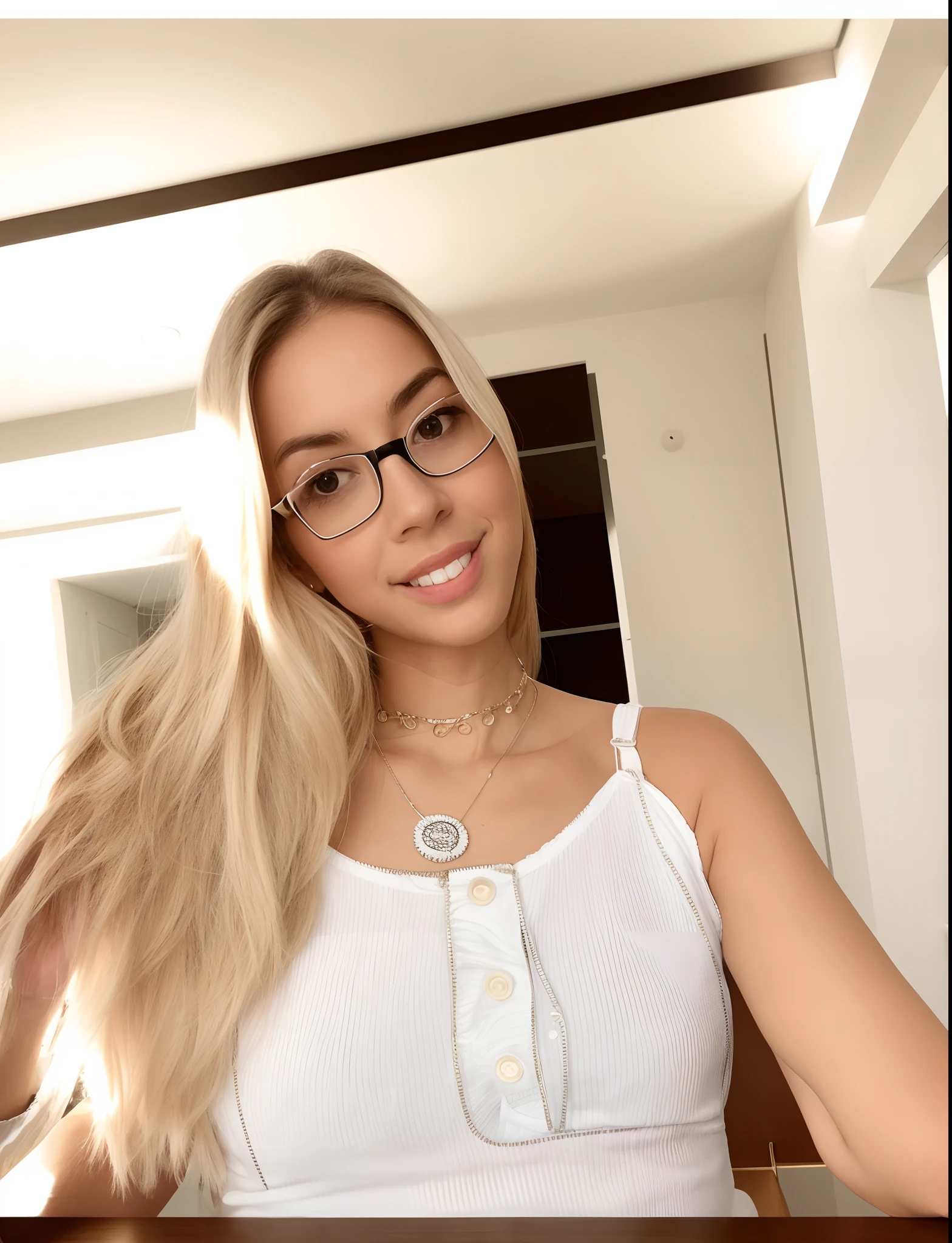 A 23-year-old blonde woman, ((pechos grandes)), ((hiperrealismo)) ,. blonde hair with light brown roots. cabello rubio, Hair with brown roots, cabello extra largo, cabello muy largo, really long hair, Beautiful, front view, selfie, photo taken with iPhone, elegant white shirt with escote, escotada, selfie sitting on table, high quality, selfie iPhone, cleavage, various sexy ass poses