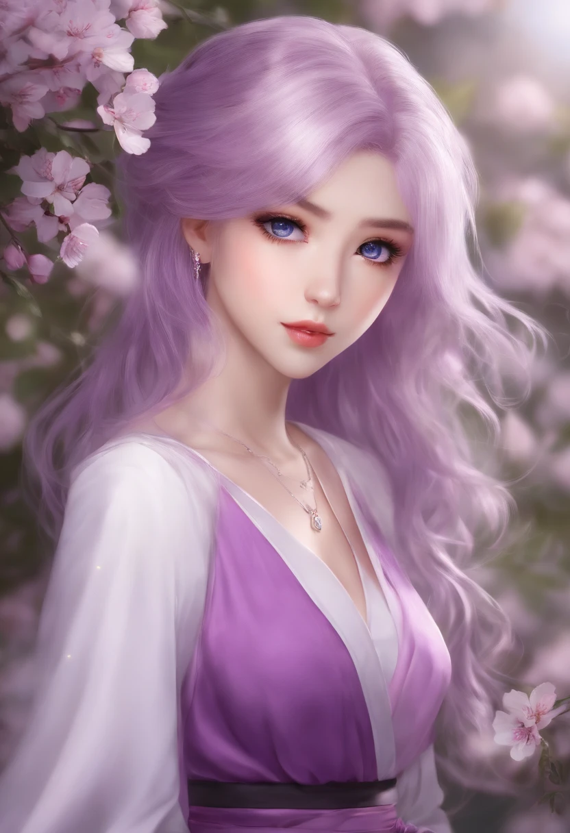 master part, best quality, 1girl, Sakura Matou, cabelo roxo, Purple eyes, seios grandes,