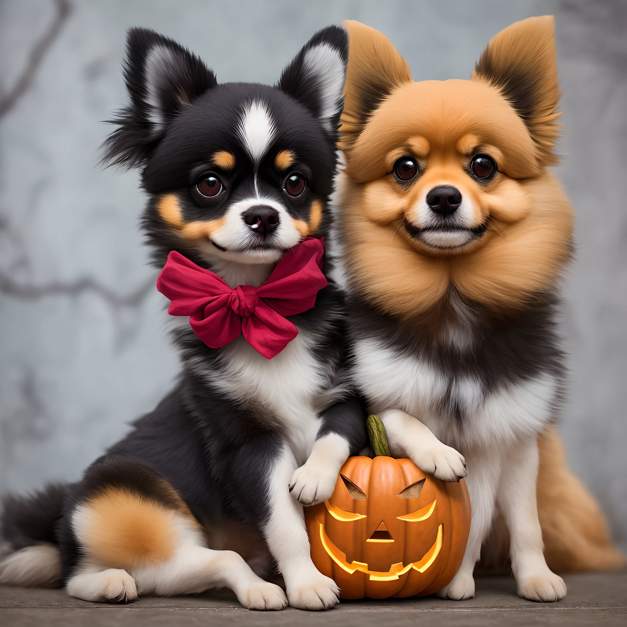 /imagine The photo of a few pumpkins on a stone wall for Halloween, lit by candles, with two dogs playing image, 8k, - 16:9 --auto --s2
