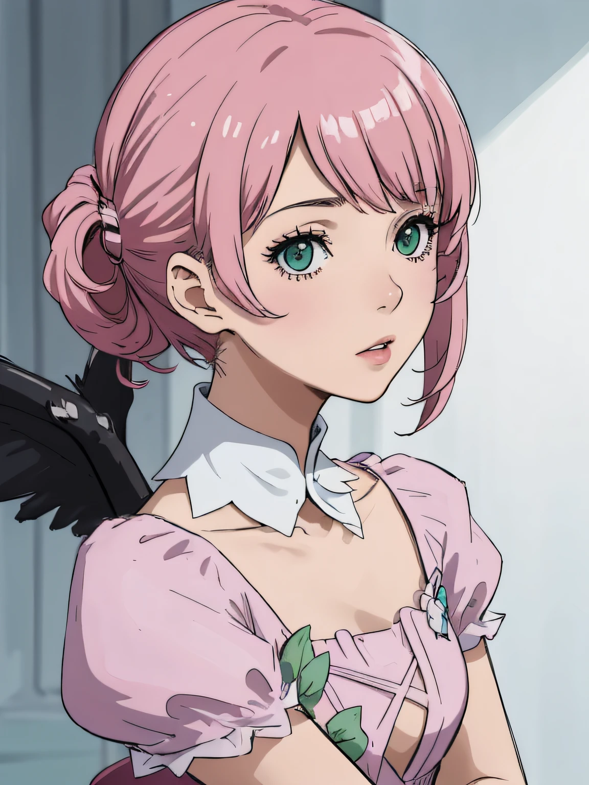 Alisa bosconovitch, melhor qualidade, contemporary, estilo plano, minimalismo, Green Eyes Flat Illustration, cabelo rosa, cabelo curto, cabelos multicoloridos, Camisa Preta, mechanical wings, Head Portrait Close-U, peito pontudo, decote, super decote, middlebreasts, Tekken,cabelo rosa pastel, 1girl, em quimono, hand-painted,Desenho de linha sem cor, colorida do yandere pastel, Tekken, Super cute pink hair girl with gothic makeup on the side, com roupa de empregada,figura esbelta,robusto,He sat on the floor,Vestido com roupas de empregada rosa e branco,cabelos muito curtos,com orelhas de gato,quadratic element,, kawaii cor-de-rosa na roupa da era de 1910, Alisa Bosconovich pink lips, no estilo da paleta de cores suave aurorapunk, an anime illustration of his face, gifs animados, hand drawn animation, charming sketches, suave e brilhante, romantismo nebuloso, Estilo Superflat, fundo branco - ar 1:1 - niji 5 - estilo expressivo --s 50 ,Pink kawaii girl in the era of 1920s clothesPink eagles, vestindo uma camisa branca brilhante, no estilo da paleta de cores suave aurorapunk, an anime illustration of his face, gifs animados, hand drawn animation, charming sketches, suave e brilhante, romantismo nebuloso, Estilo Superflat, fundo branco - ar 1:1 - niji 5 - estilo expressivo --s 50, Absurdo, Alto, ultra detalhados, (1girl:1.3), quebrar , Crie uma imagem com uma bela caligrafia