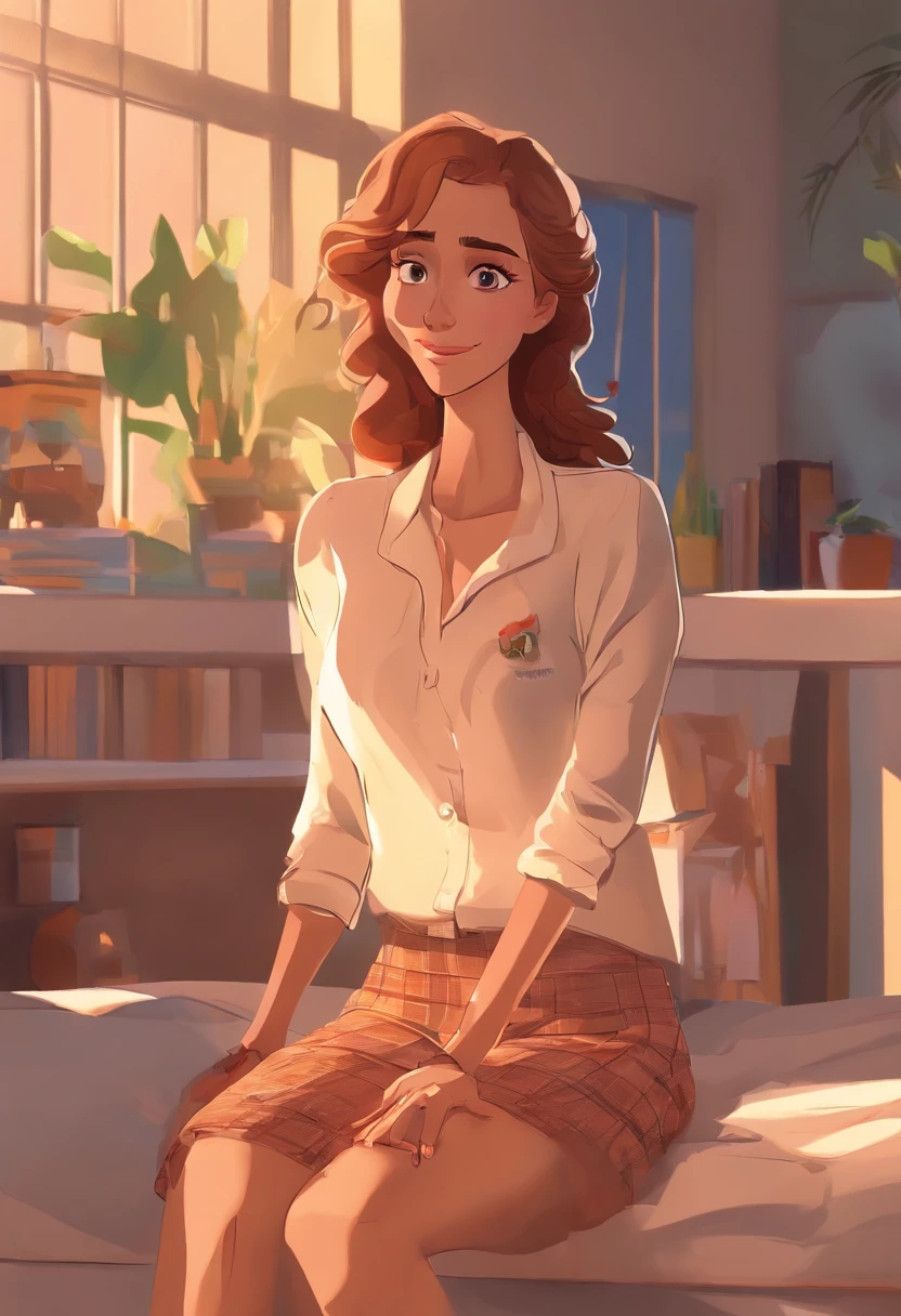 An illustration of an adorable couple, destacando um homem e uma mulher com bonito, Expressive eyes – the man's skin is caramel-colored, and the man's hair is wavy brown, while the woman's skin is black and the woman's hair is curly and brown. They are a bright room, cada um com um sorriso no rosto, e compartilhar um momento especial caracterizado pelo amor, arroz, e insights educacionais. Illustrate this scene from a perspective where they are facing away from the camera, Showing Your Connection. Desenvolva esta arte em Full HD, Focus on your cinematic touch, Estilo Disney Pixar Animations