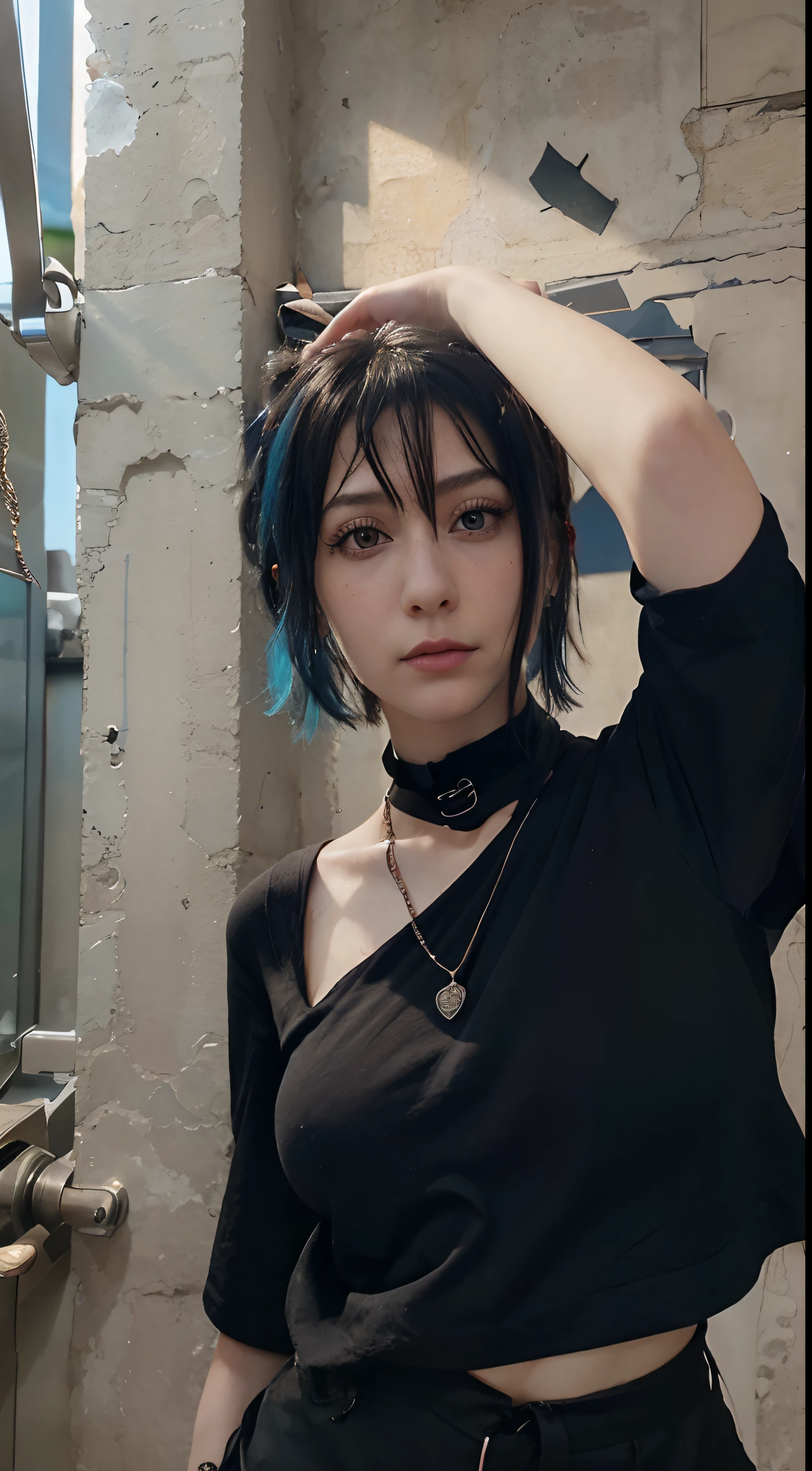 masterpiece, best quality,3d rending work ,3DMM style,close-up,portrait, 3D,1girl, solo, multicolored hair, blue hair, black hair, necklace, freckles, jewelry, two-tone hair, looking to the side, realistic, upper body, simple background, bangs, looking away, short hair, parted lips, black eyes, lips, gothic, choker, makeup, mole, black shirt, shirt, watermark, sakura haruno from boruto naruto next generation