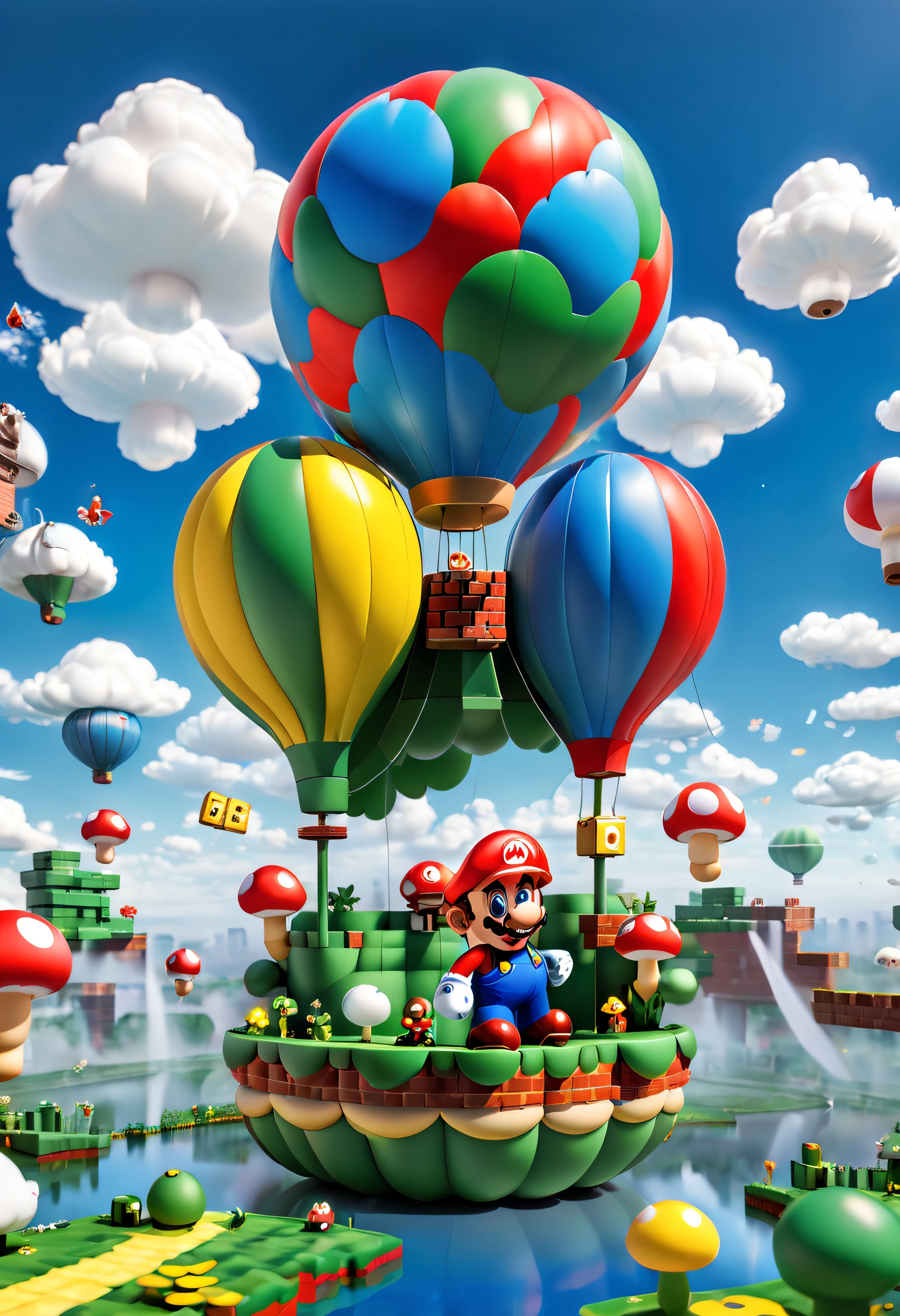 (Best quality,A high resolution:1.2),Ultra-detailed,Realistic,In a brilliant and colorful sky，A giant hot air balloon floats slowly。This hot air balloon look is completely inspired by the world of the Super Mario game，Decorate with Mario、Luigi、Iconic motifs such as mushrooms and gold coins。The hot air balloon itself takes on a vivid red and blue hue，Present vivid visuals。Its base is decorated with elements of a classic Mario background，Such as grass、clouds and water pipes,Pop Mart blind box,Toy elements,a 3D render,Pixel art style,Playful,A cheerful palette