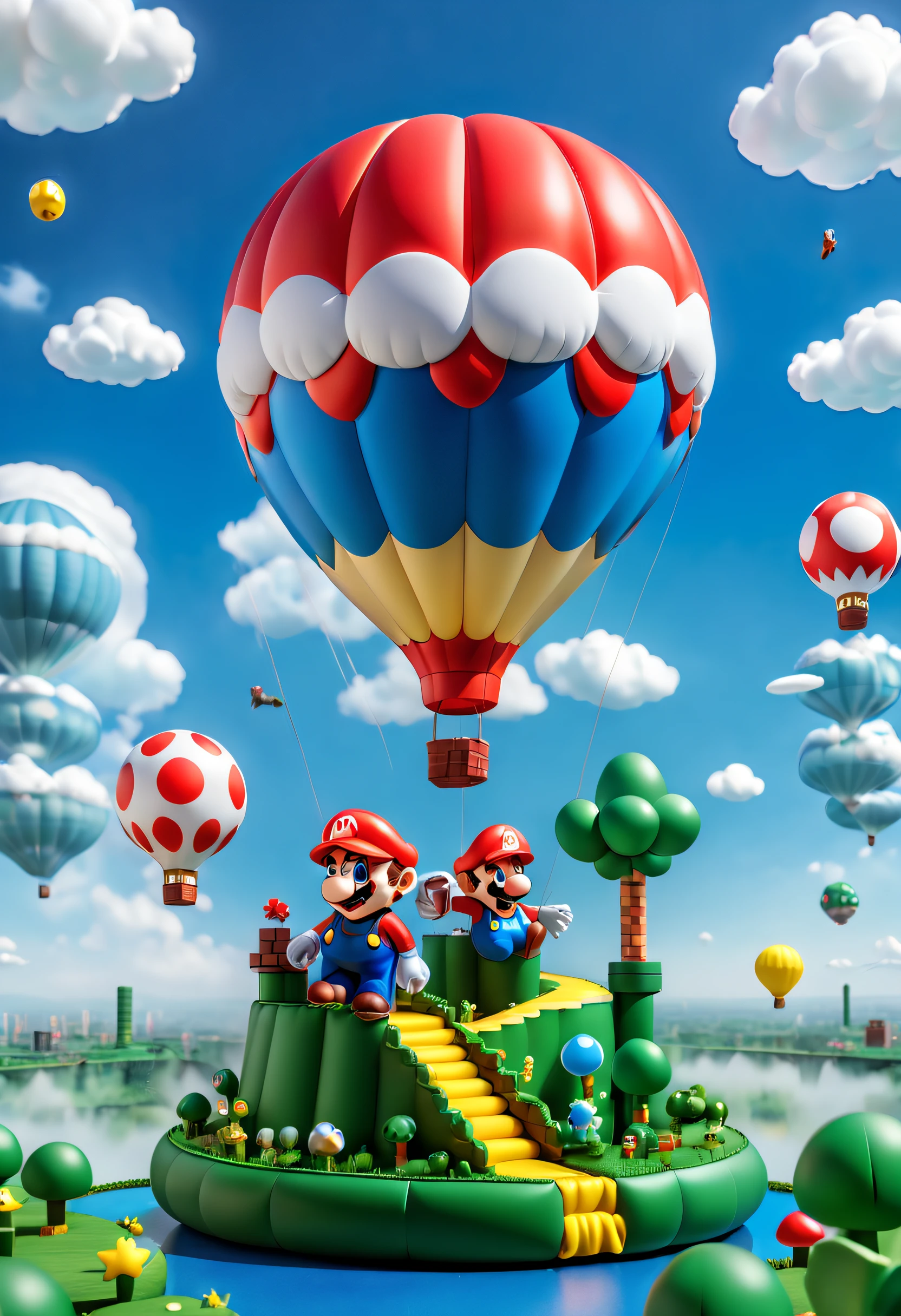 (Best quality,A high resolution:1.2),Ultra-detailed,Realistic,In a brilliant and colorful sky，A giant hot air balloon floats slowly。This hot air balloon look is completely inspired by the world of the Super Mario game，Decorate with Mario、Luigi、Iconic motifs such as mushrooms and gold coins。The hot air balloon itself takes on a vivid red and blue hue，Present vivid visuals。Its base is decorated with elements of a classic Mario background，Such as grass、clouds and water pipes,Pop Mart blind box,Toy elements,a 3D render,Pixel art style,Playful,A cheerful palette