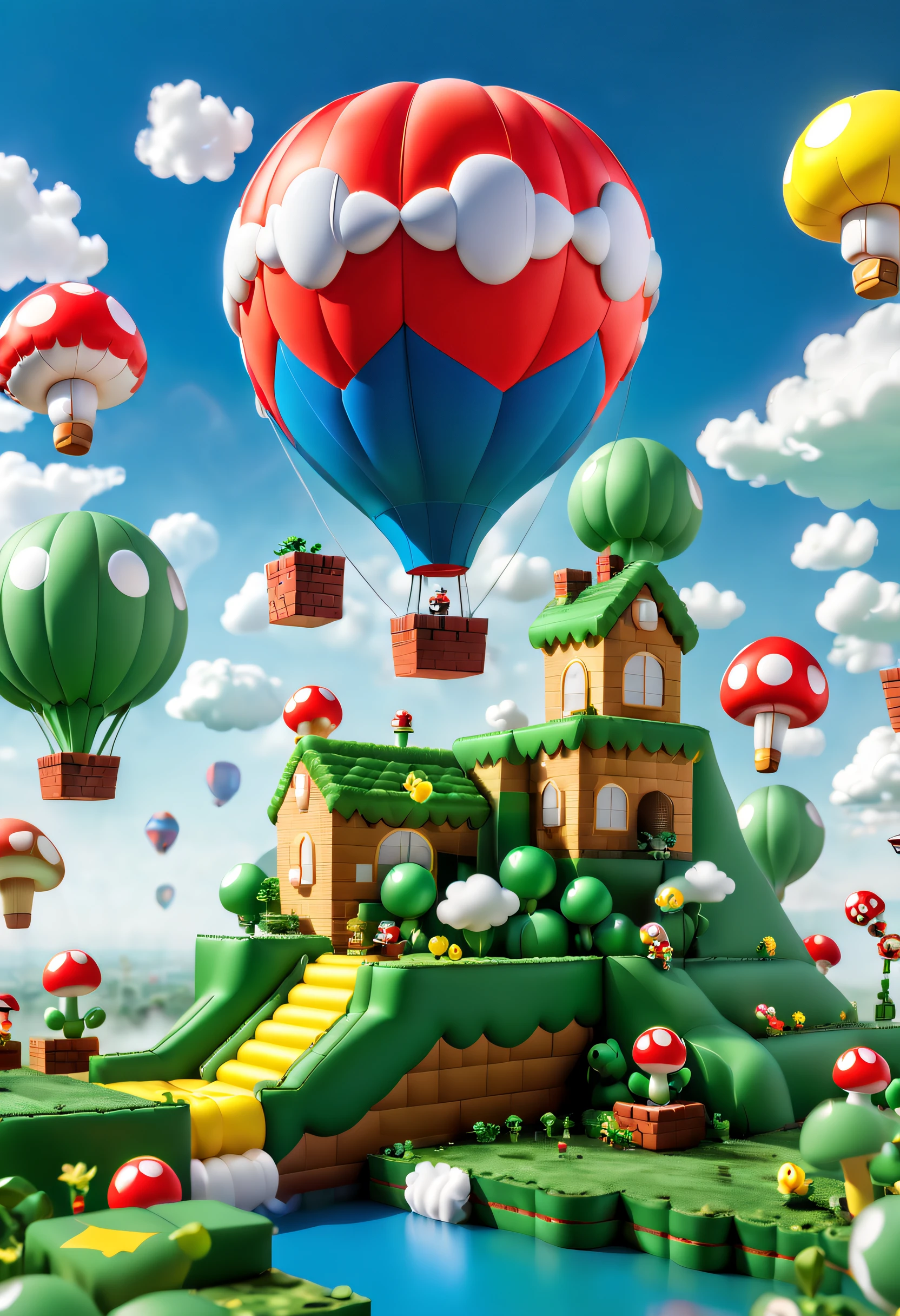 (Best quality,A high resolution:1.2),Ultra-detailed,Realistic,In a brilliant and colorful sky，A giant hot air balloon floats slowly。This hot air balloon look is completely inspired by the world of the Super Mario game，Decorate with Mario、Luigi、Iconic motifs such as mushrooms and gold coins。The hot air balloon itself takes on a vivid red and blue hue，Present vivid visuals。Its base is decorated with elements of a classic Mario background，Such as grass、clouds and water pipes,Pop Mart blind box,Toy elements,a 3D render,Pixel art style,Playful,A cheerful palette