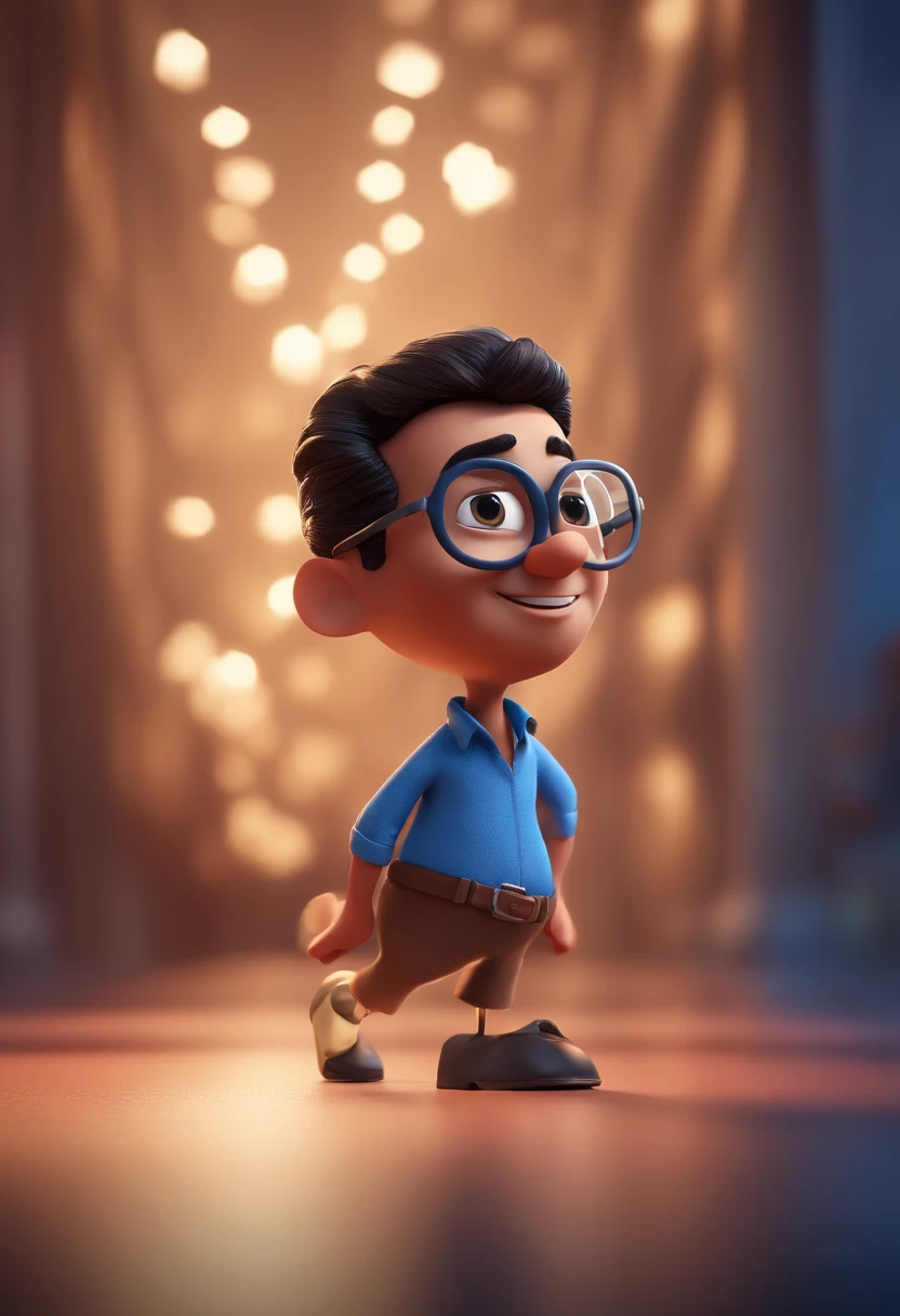 Cartoon character of a man with black glasses and a blue shirt, animation character, Caractere estilizado, animation style rendering, 3D estilizado, Arnold Maya render, 3 d render stylized, toon render keyshot, Personagem 3D, Personagem 3D, 3d rendering stylized, 3 d character render, personagem de desenho animado, Personagem de close up, Pose de personagem, (Estilo Pixar) (master part:1.2) (Bokeh) (best quality) (pele detalhada) (textura detalhada) (8k) (argila) (Cinematic lighting) (foco nítido