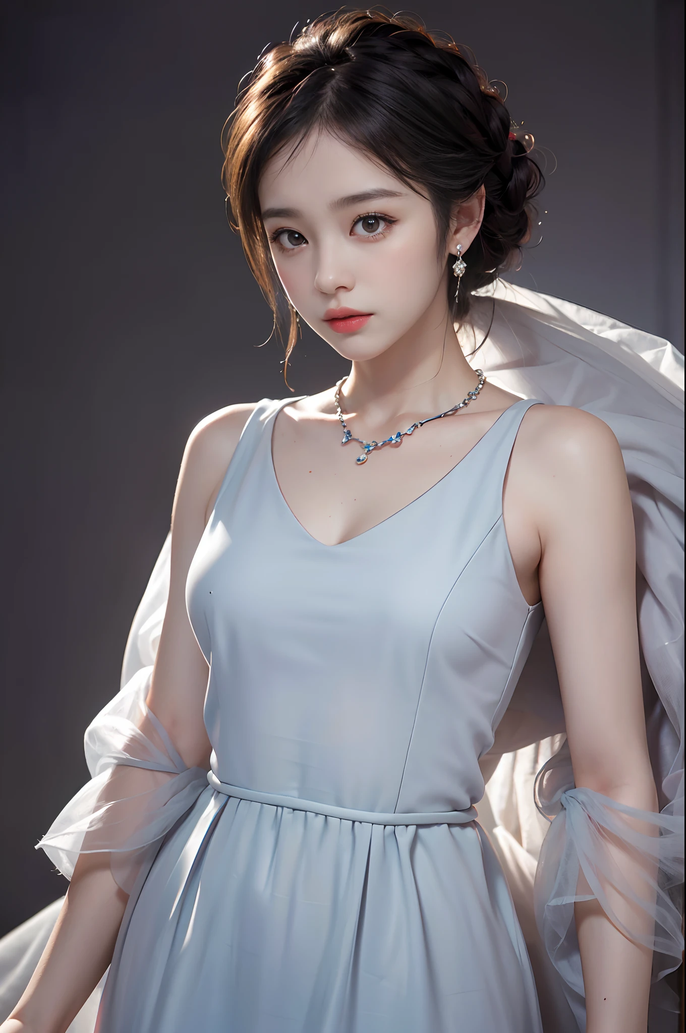 top-quality、masterpiece、超A high resolution、(Photorealsitic:1.5)、Raw foto、1girl in、murky、deep-shadows、Unobtrusive、cold light、sexy appearance、shorth hair、((very_short_hair))、((Luxury evening dresses))、((Luxurious painting))、((Luxurious necklace))、((Floral hair ornament))、((hair ornament))
