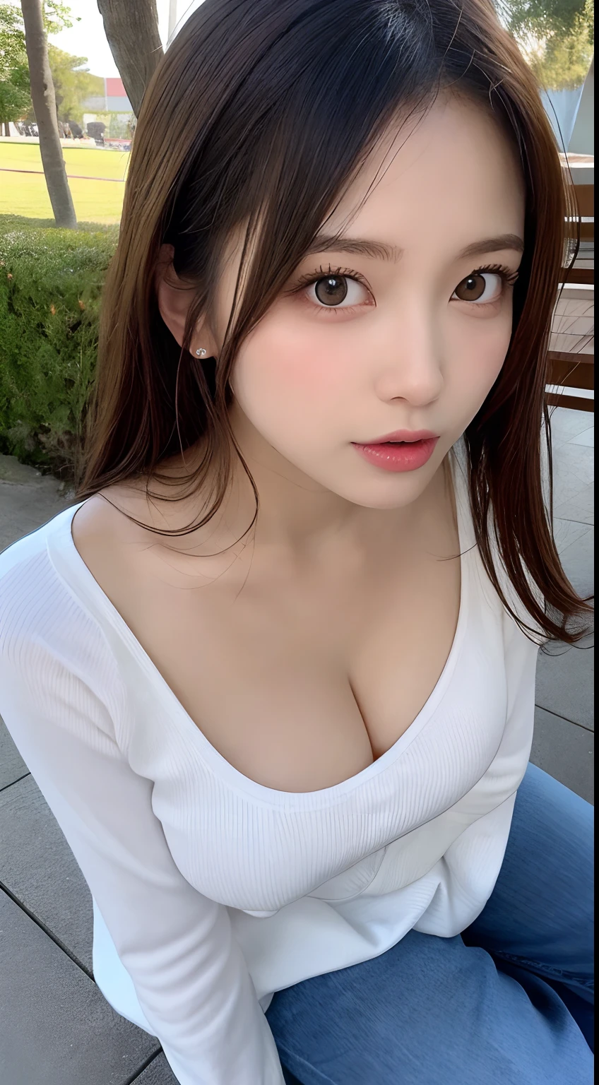 (top-quality、8k、​masterpiece:1.3)、Beautiful Women in Perfect Figure:1.4、dark brown hair、extremely detailed face and skin、A detailed eye、二重まぶた、huge tit、a smile、g-cup